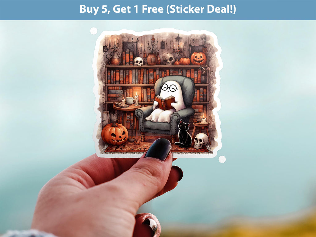 Ghost Library Book Reader Sticker, Book lover Cute Halloween Spooky Vinyl Decal