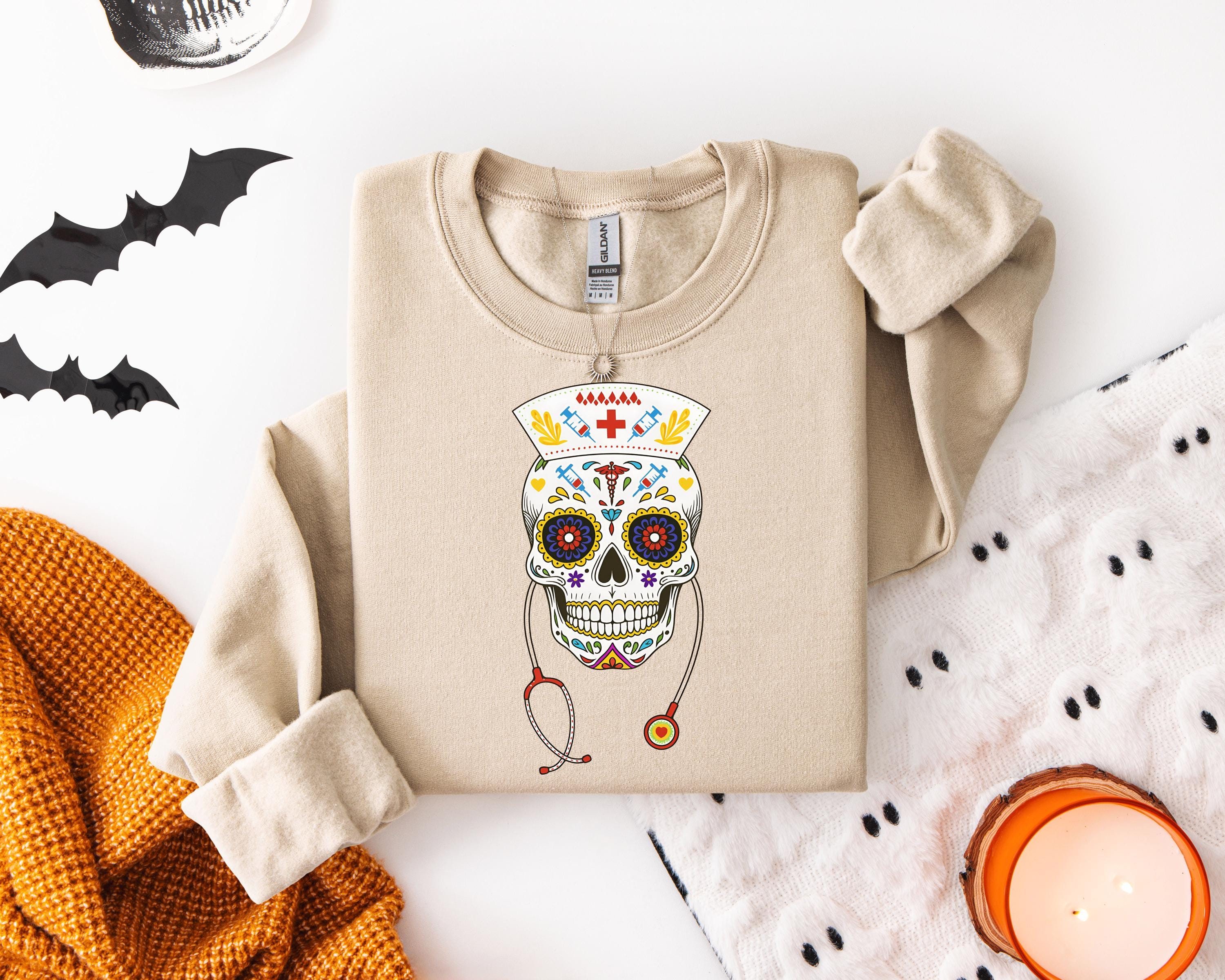 Skull Nurse Sweatshirt, Halloween Sweater, Day of the Dead Nurse, Spooky Nurse Outfit, Nurse Appreciation Gift, Medical Halloween Crewn