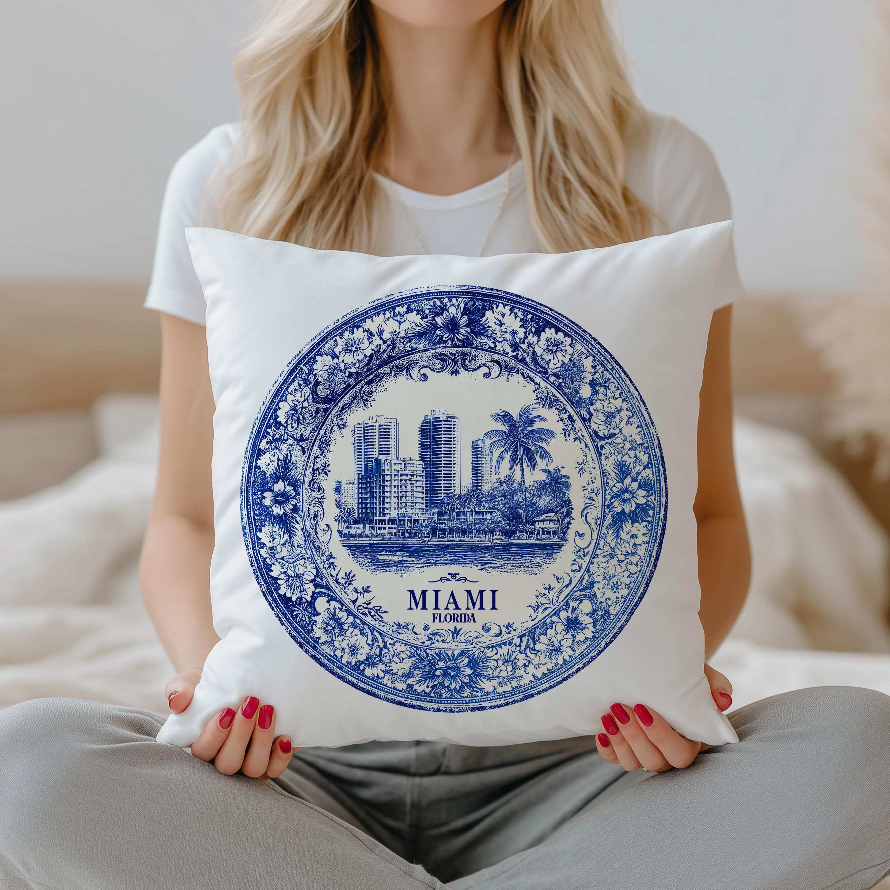 Miami Florida Pillowcase, Delft Style Decorative Throw Pillow, Vintage Cityscape Retro Home Decor