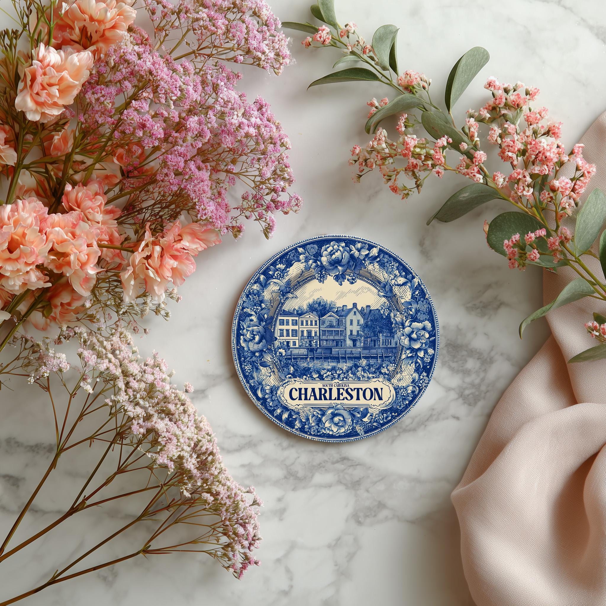 Charleston South Carolina Delftware Ceramic Coaster, Blue White Travel Gift, Vintage Home Decor