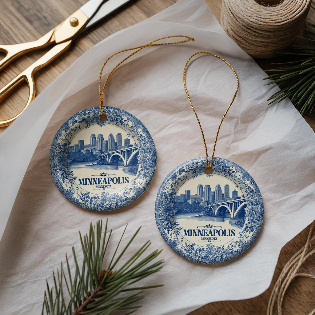 Custom Minneapolis Minnesota Ceramic Delft Ornament, Christmas Delftware Blue Delftware city travel