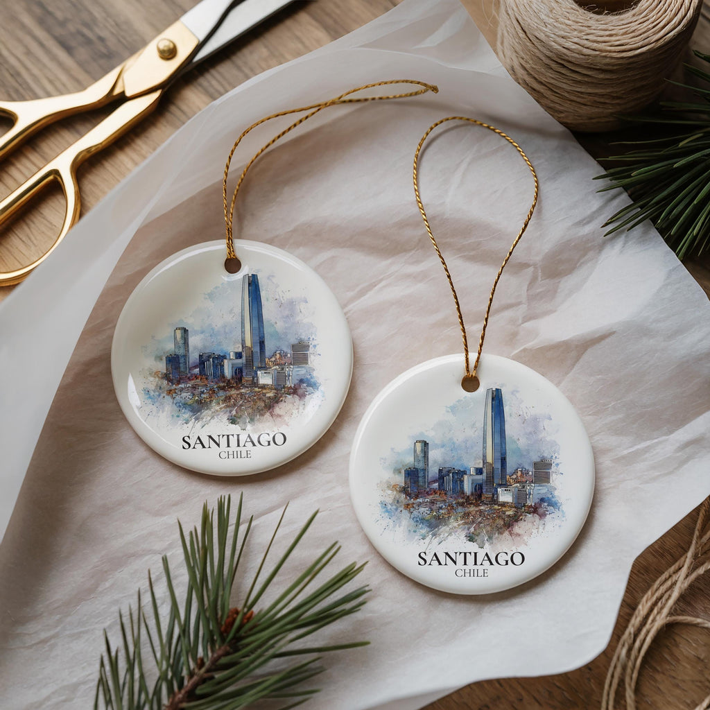 Santiago Chile Personalized Watercolor Ornament, Custom Ceramic Christmas gift, Travel Keepsake