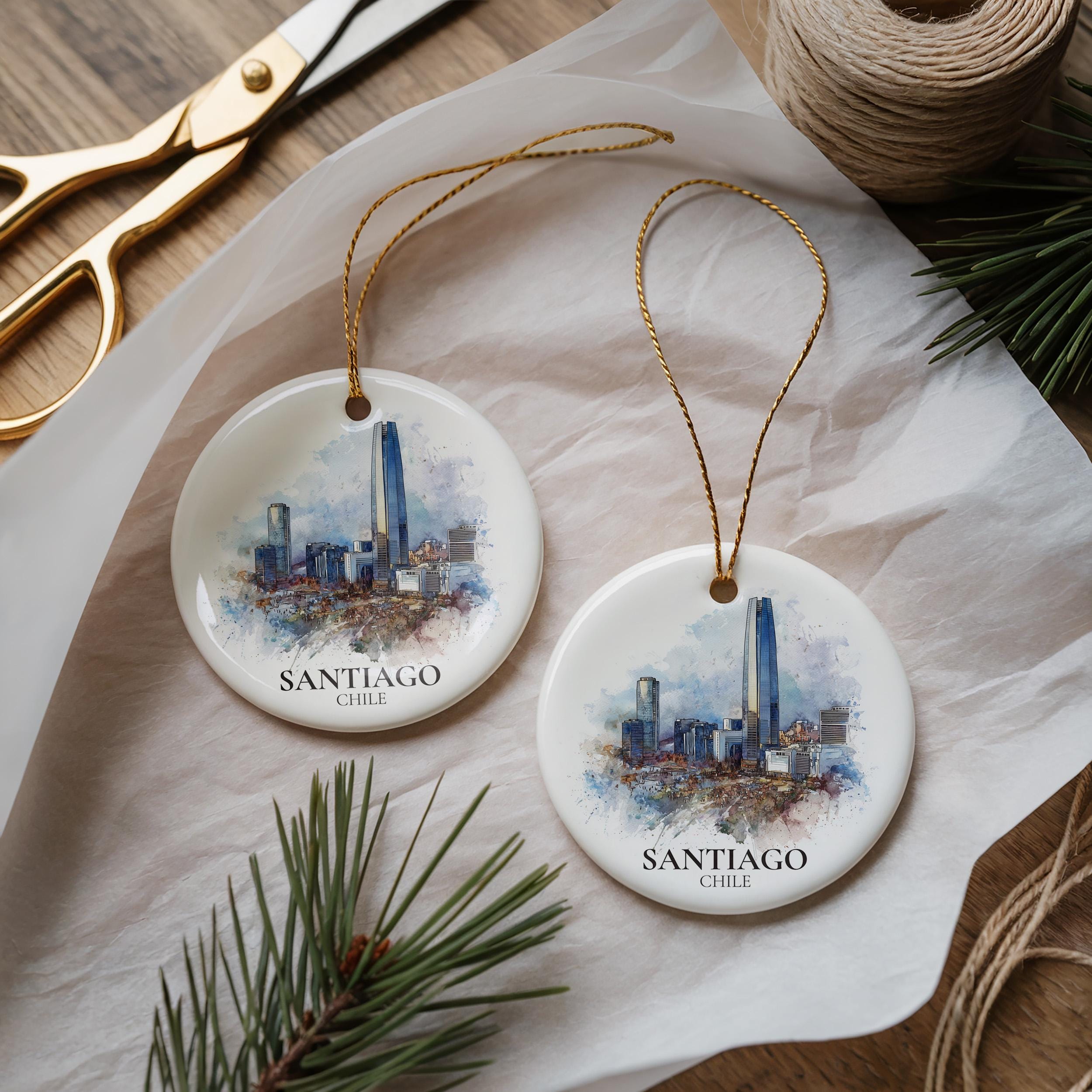 Santiago Chile Personalized Watercolor Ornament, Custom Ceramic Christmas gift, Travel Keepsake