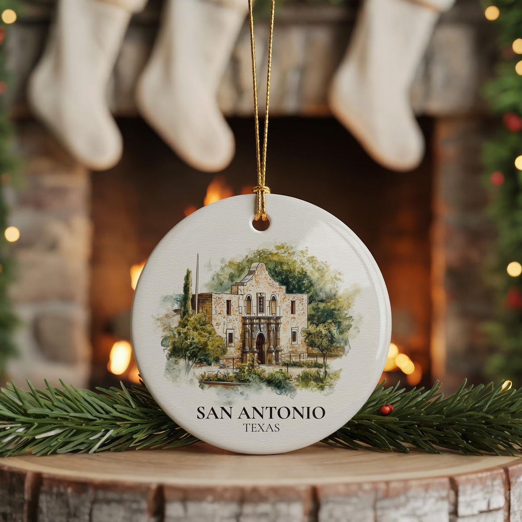 San Antonio Texas Personalized Watercolor Ornament, Custom Ceramic Christmas gift, Travel Keepsake