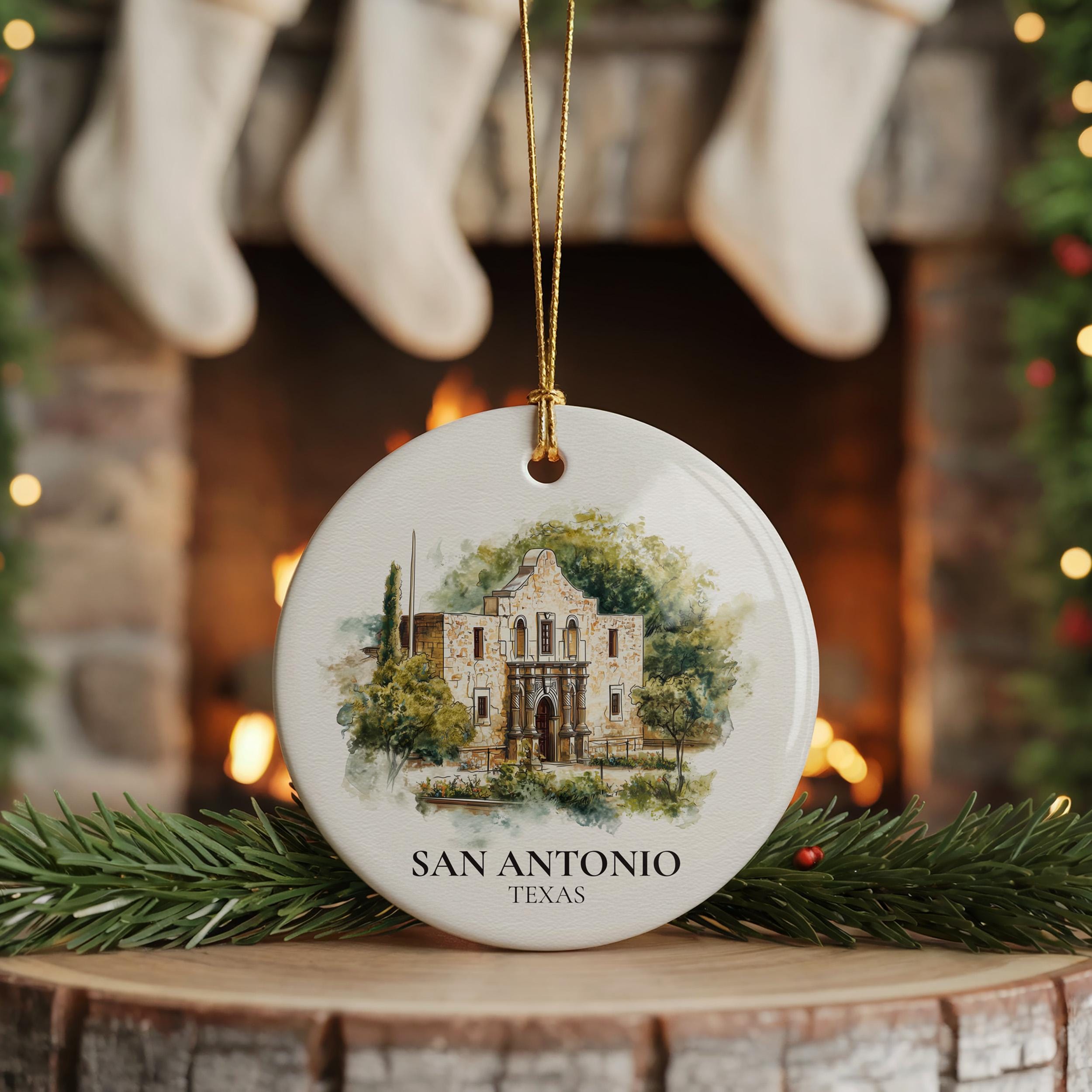 San Antonio Texas Personalized Watercolor Ornament, Custom Ceramic Christmas gift, Travel Keepsake