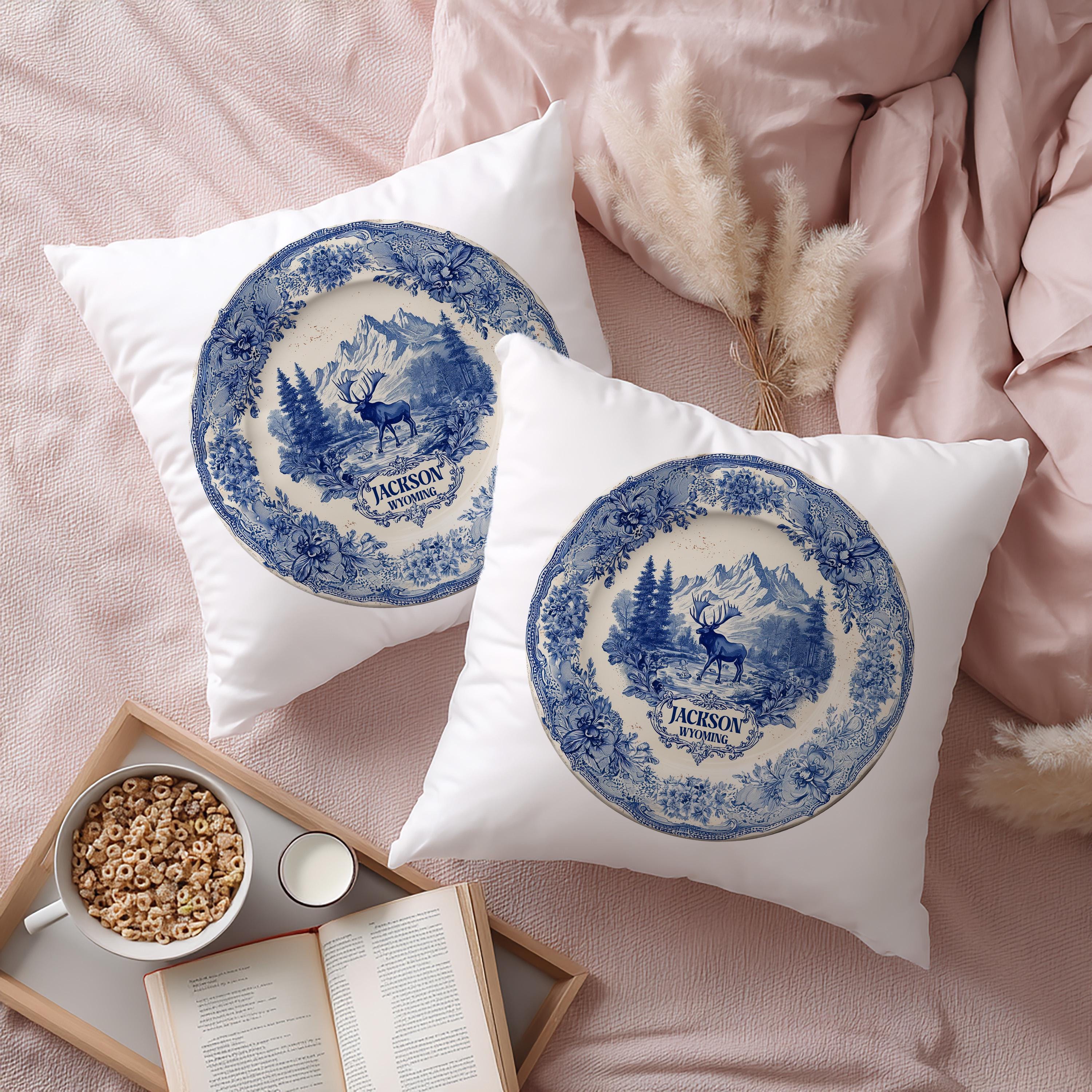 Jackson Wyoming Pillowcase, Delft Style Decorative Throw Pillow, Vintage Cityscape Retro Home Decor