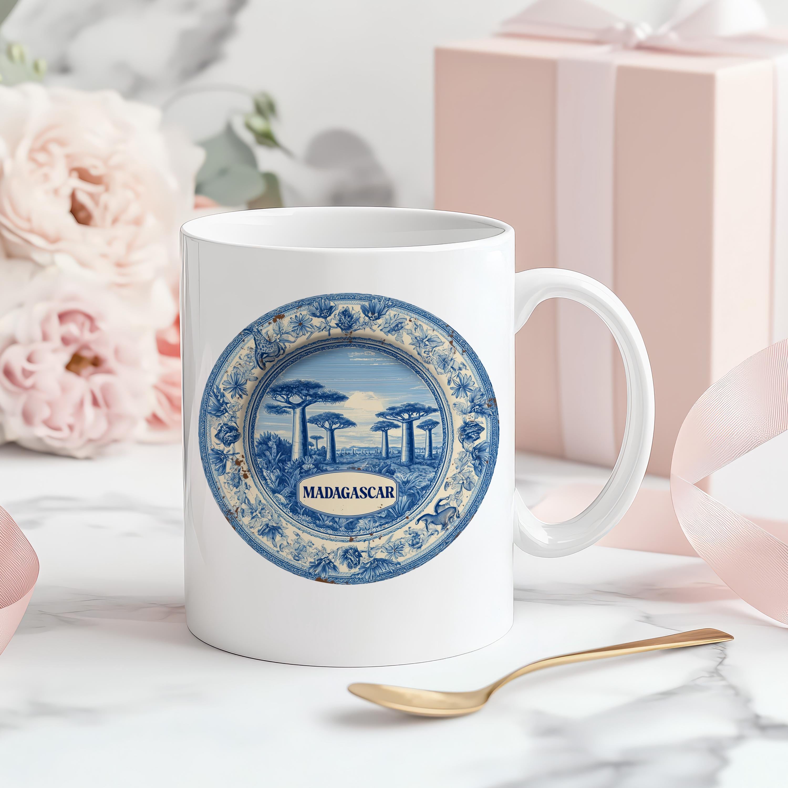 Madagascar Mug, Custom Delft Style cup, Personalized Vintage Travel City Gift
