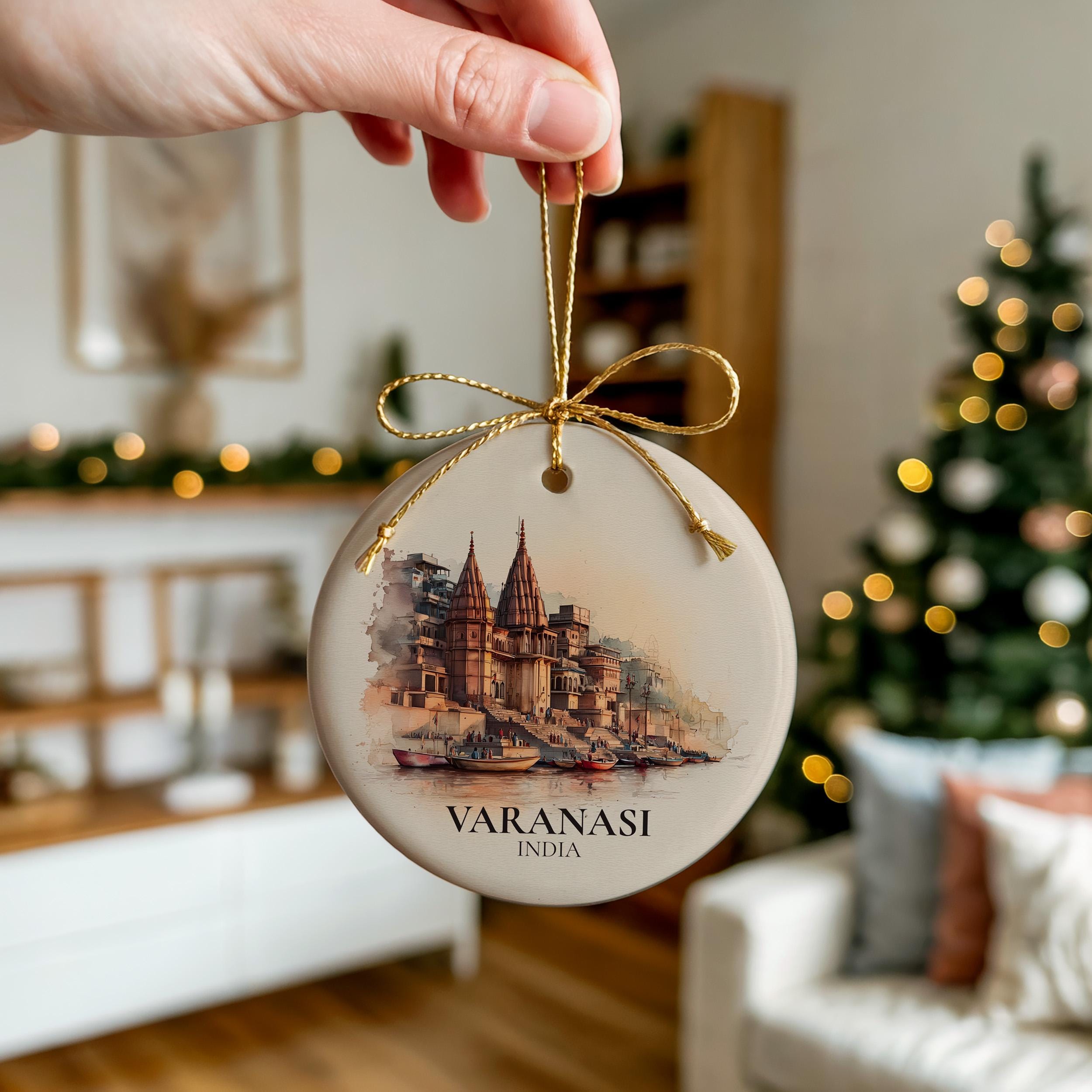 Varanasi India Personalized Watercolor Ornament, Custom Ceramic Christmas gift, Travel Keepsake