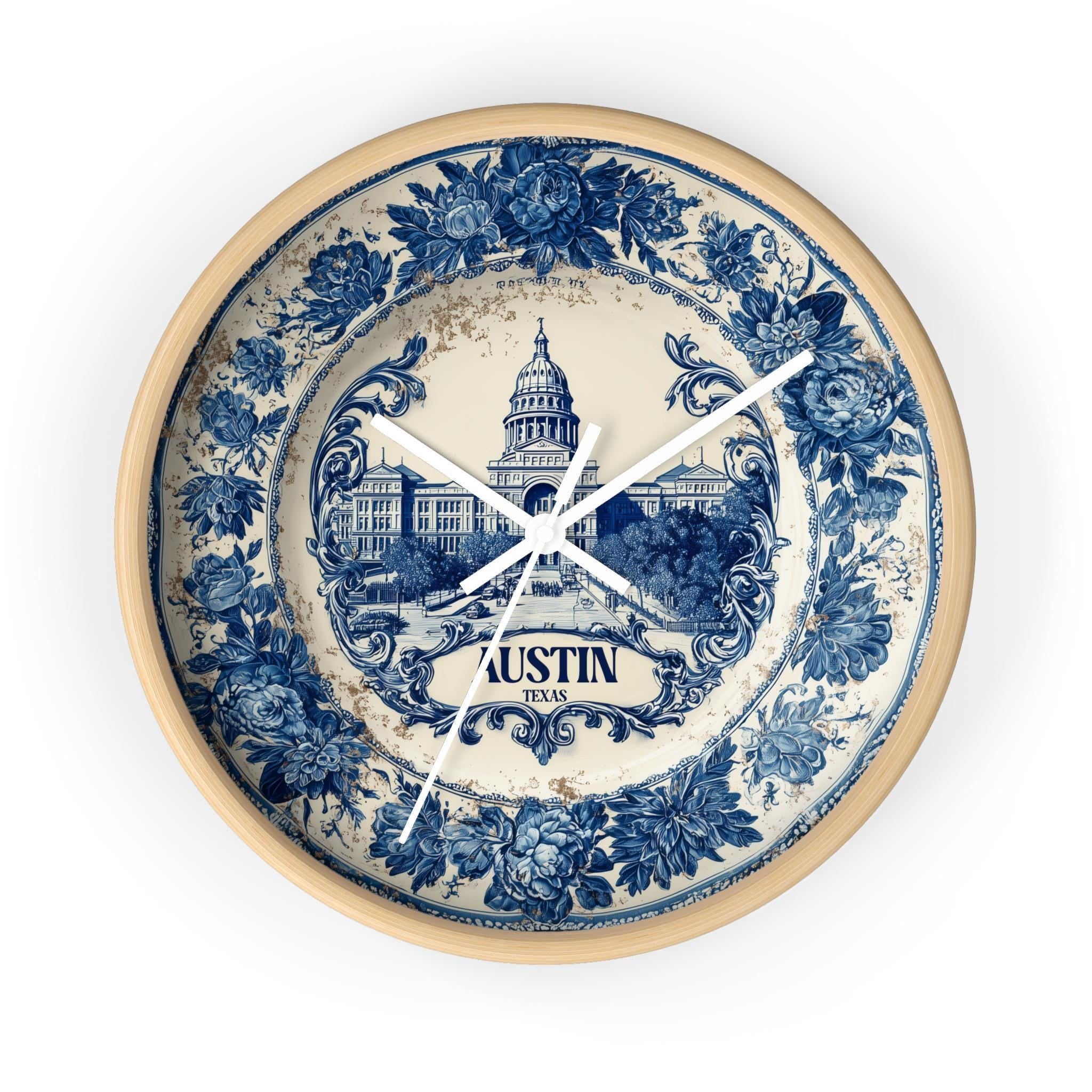 Austin Texas Wall Clock, Delf style Home Decor, Vintage City Travel Keepsake Art