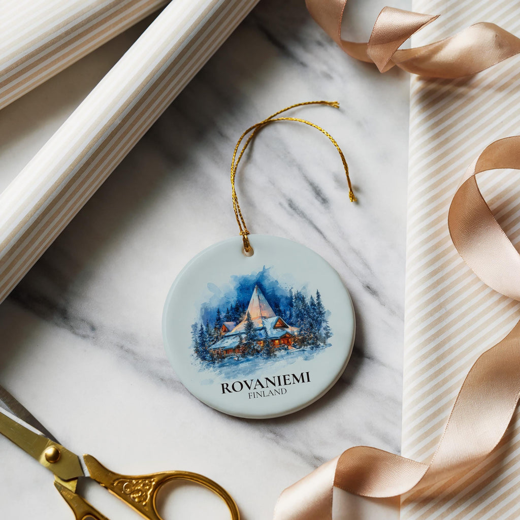 Rovaniemi Finland Personalized Watercolor Ornament, Custom Ceramic Christmas gift, Travel Keepsake
