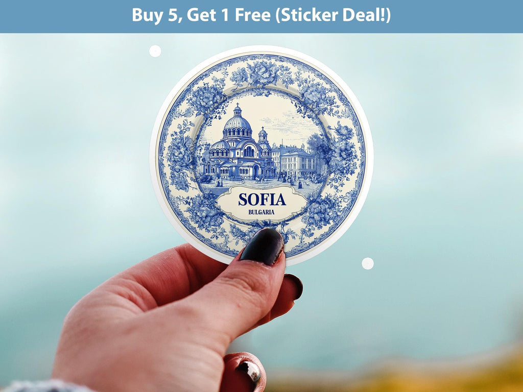 Sofia Bulgaria Sticker Vintage Delft style, Delftware Decal Waterproof Vinyl, Blue City Travel
