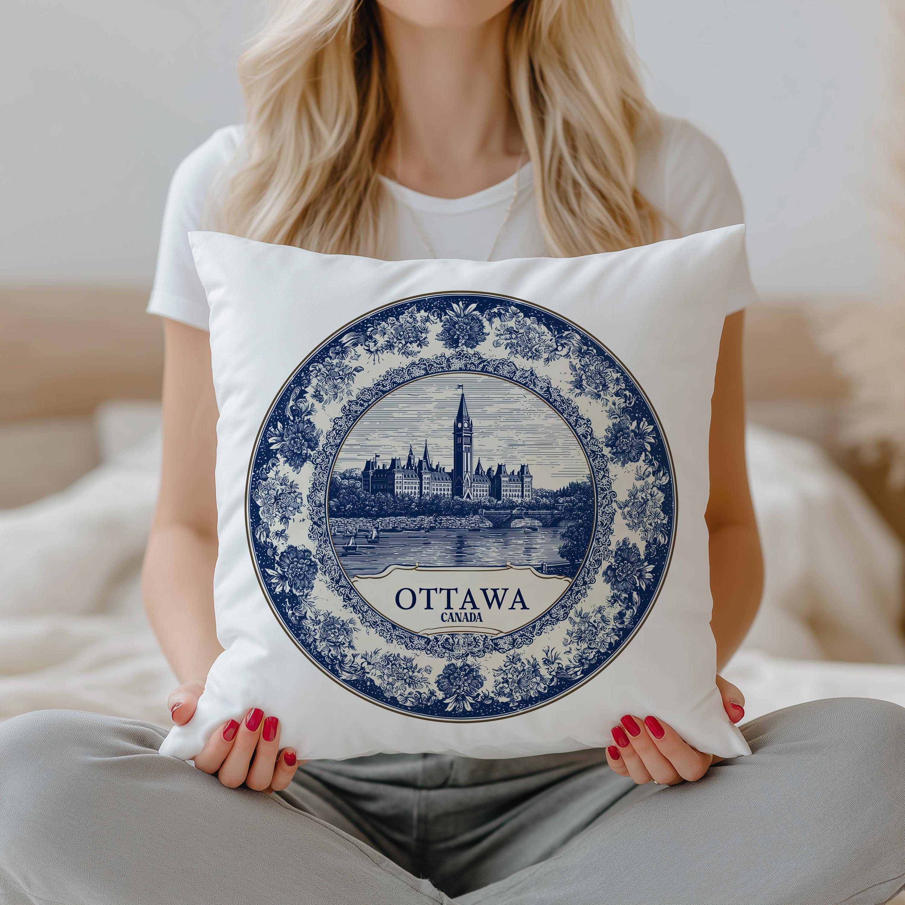 Ottawa Canada Pillowcase, Delft Style Decorative Throw Pillow, Vintage Cityscape Retro Home Decor