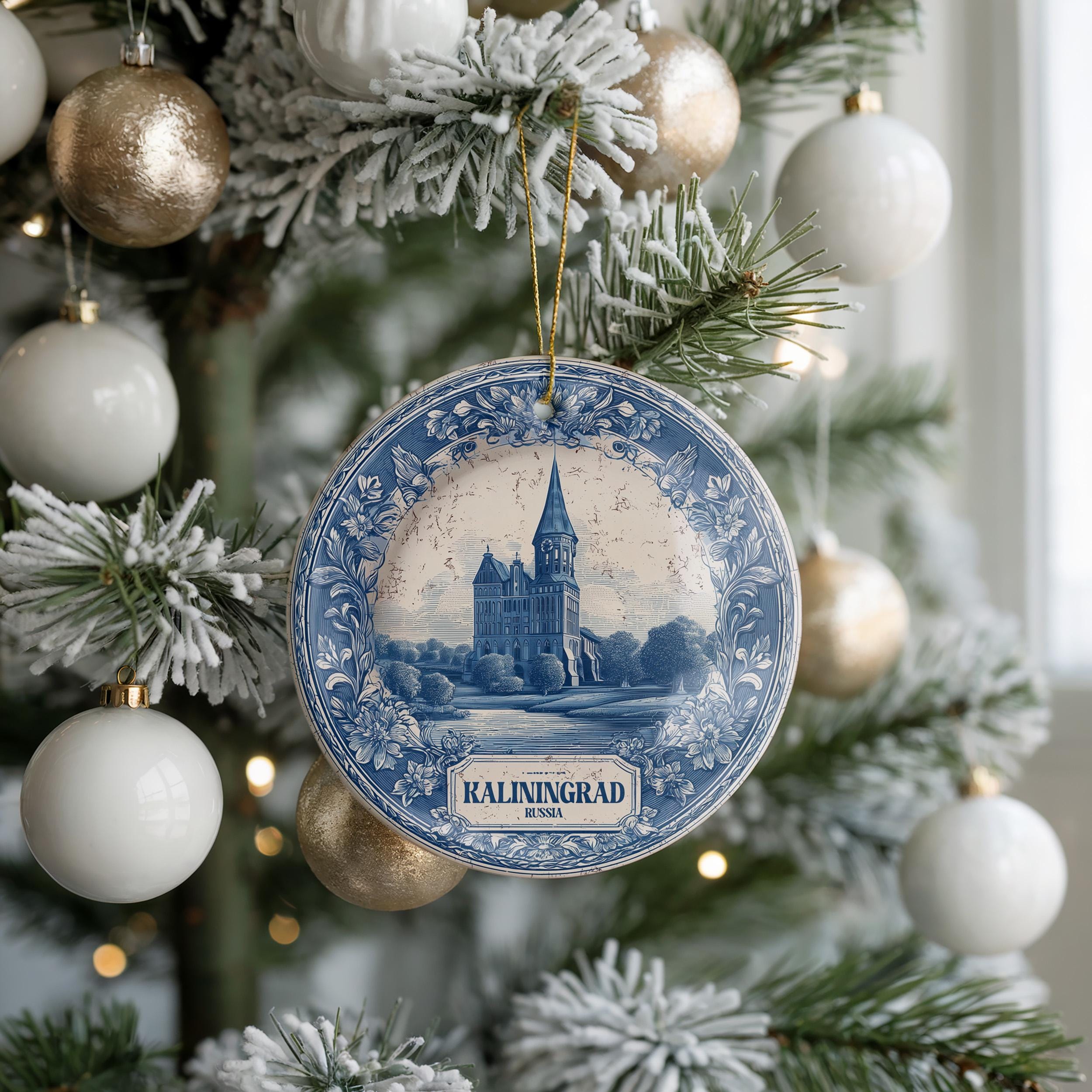 Custom Kaliningrad Russia Ceramic Delft Ornament, Christmas Delftware Blue Delftware city travel