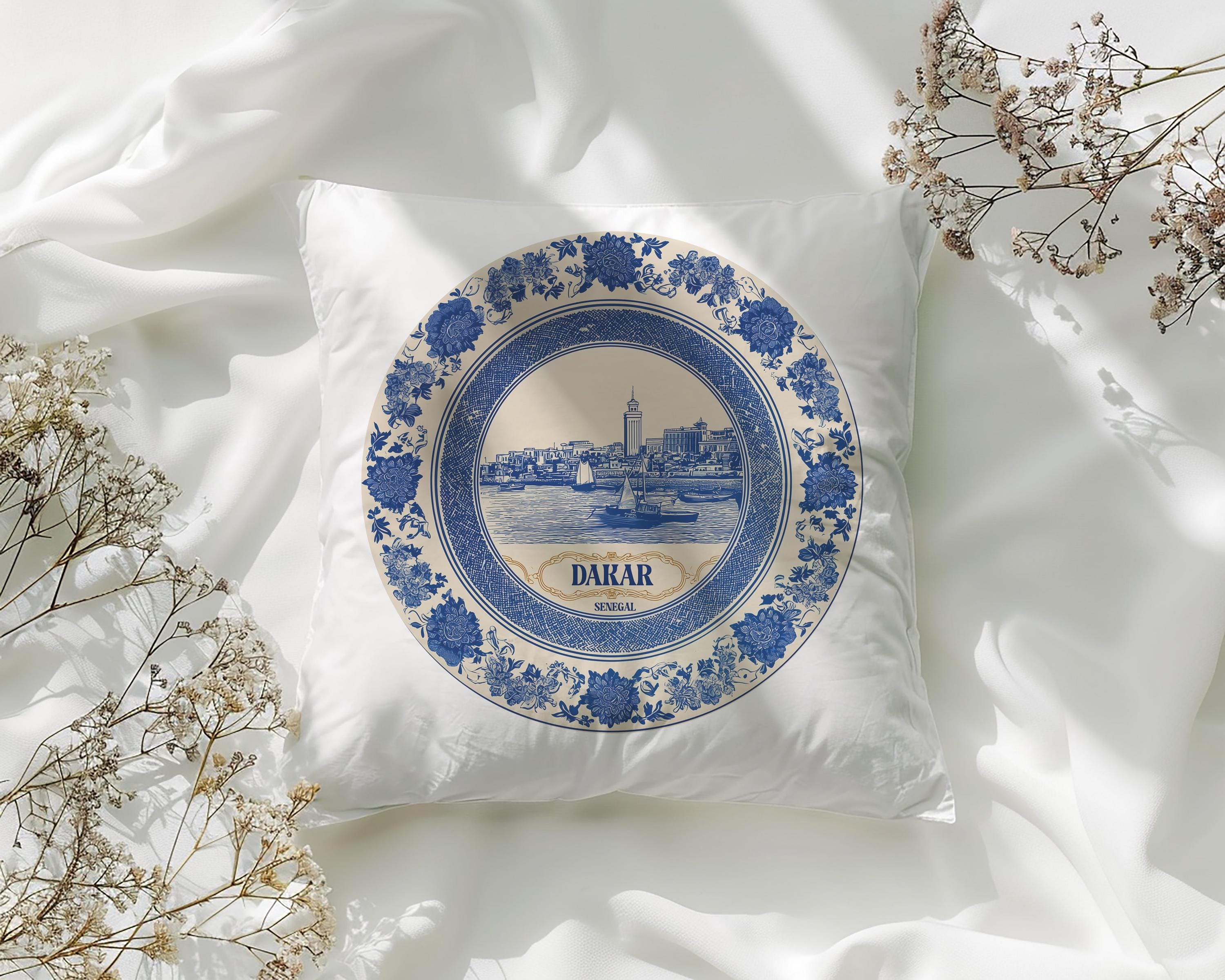 Dakar Senegal Pillowcase, Delft Style Decorative Throw Pillow, Vintage Cityscape Retro Home Decor