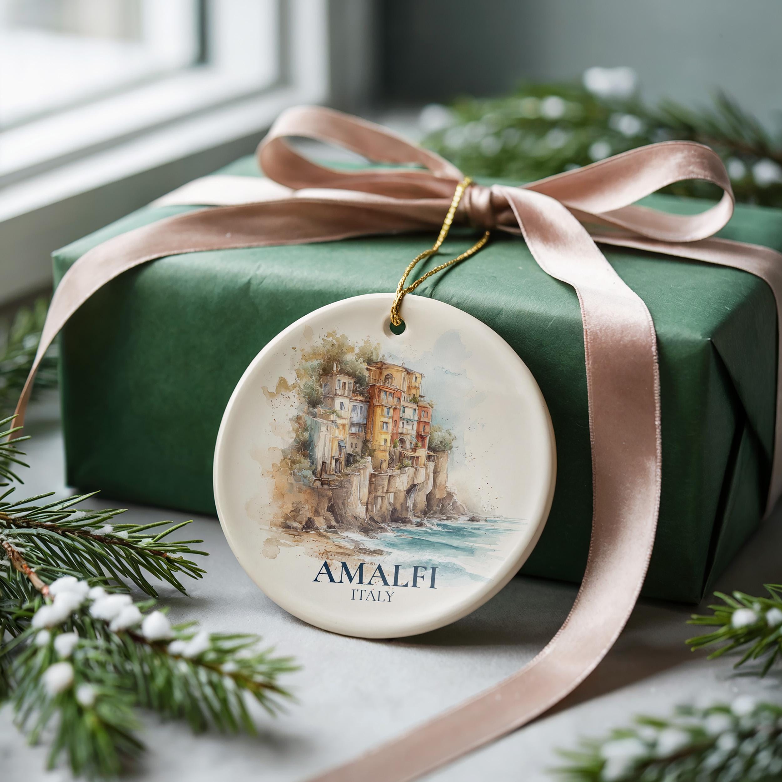 Amalfi Coast Italy Personalized Watercolor Ornament, Custom Ceramic Christmas gift, Travel Keepsake