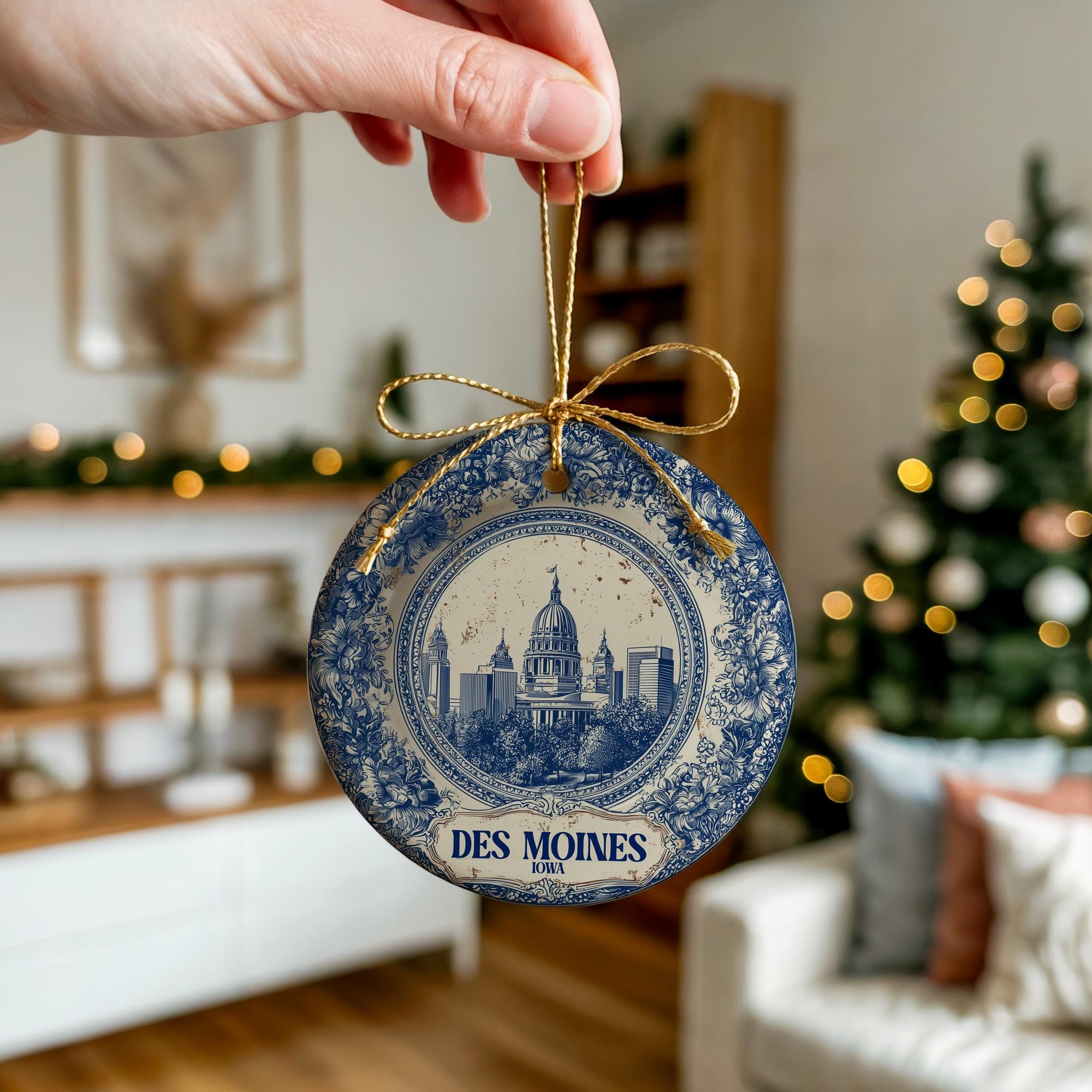 Custom Des Moines Iowa Ceramic Delft Ornament, Christmas Delftware Blue Delftware city travel