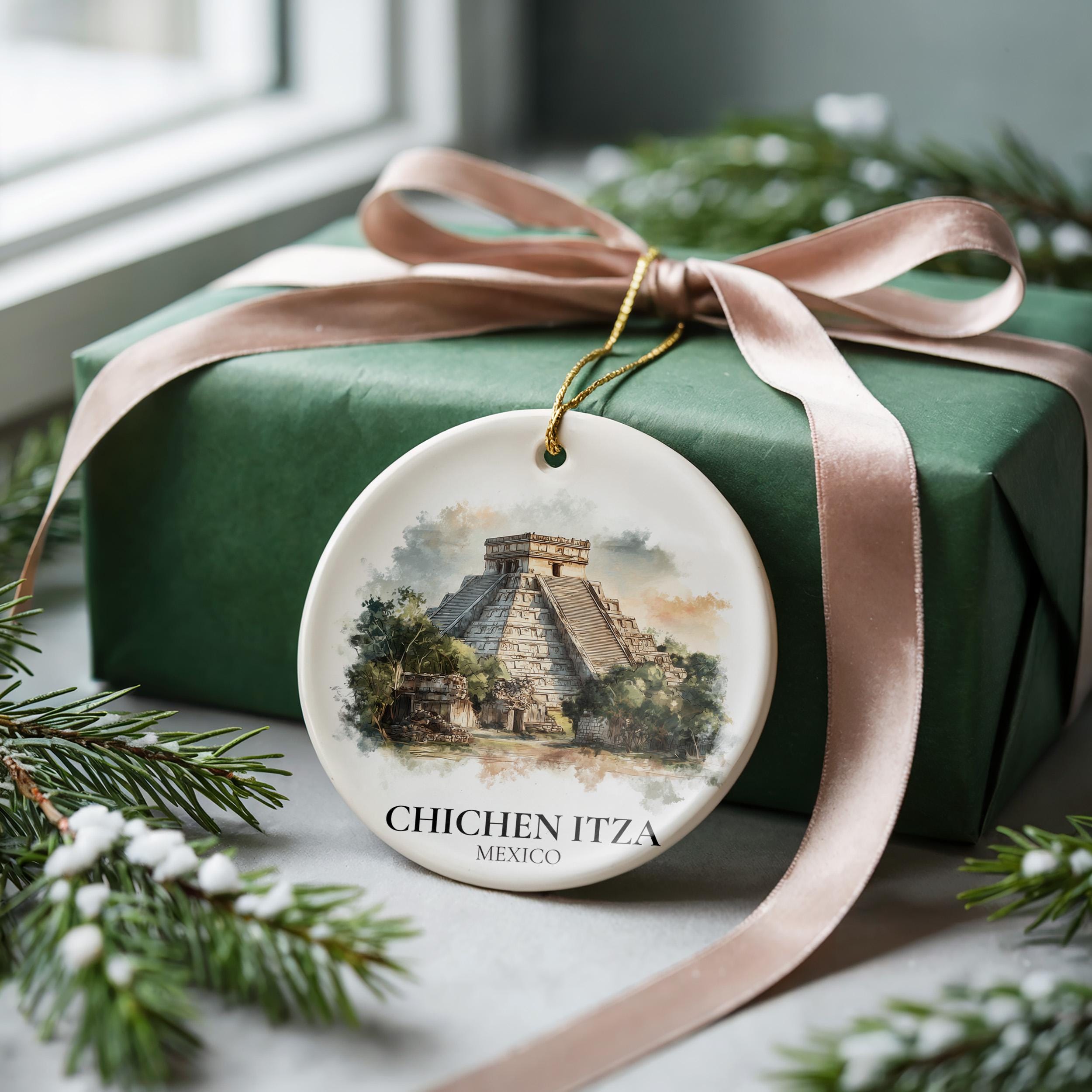 Chichen Itza Mexico Personalized Watercolor Ornament, Custom Ceramic Christmas gift, Travel Keepsake