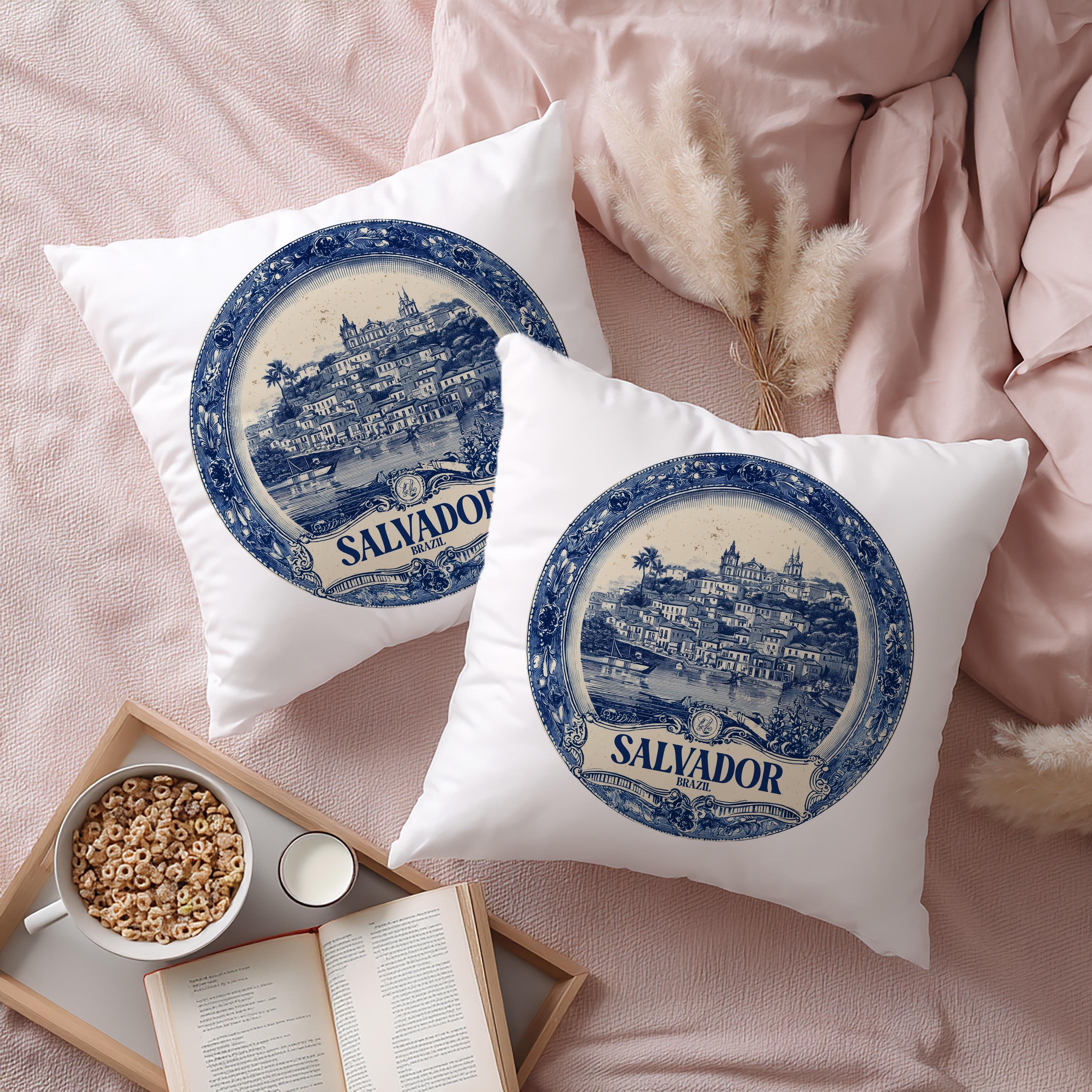 Salvador Brazil Pillowcase, Delft Style Decorative Throw Pillow, Vintage Cityscape Retro Home Decor