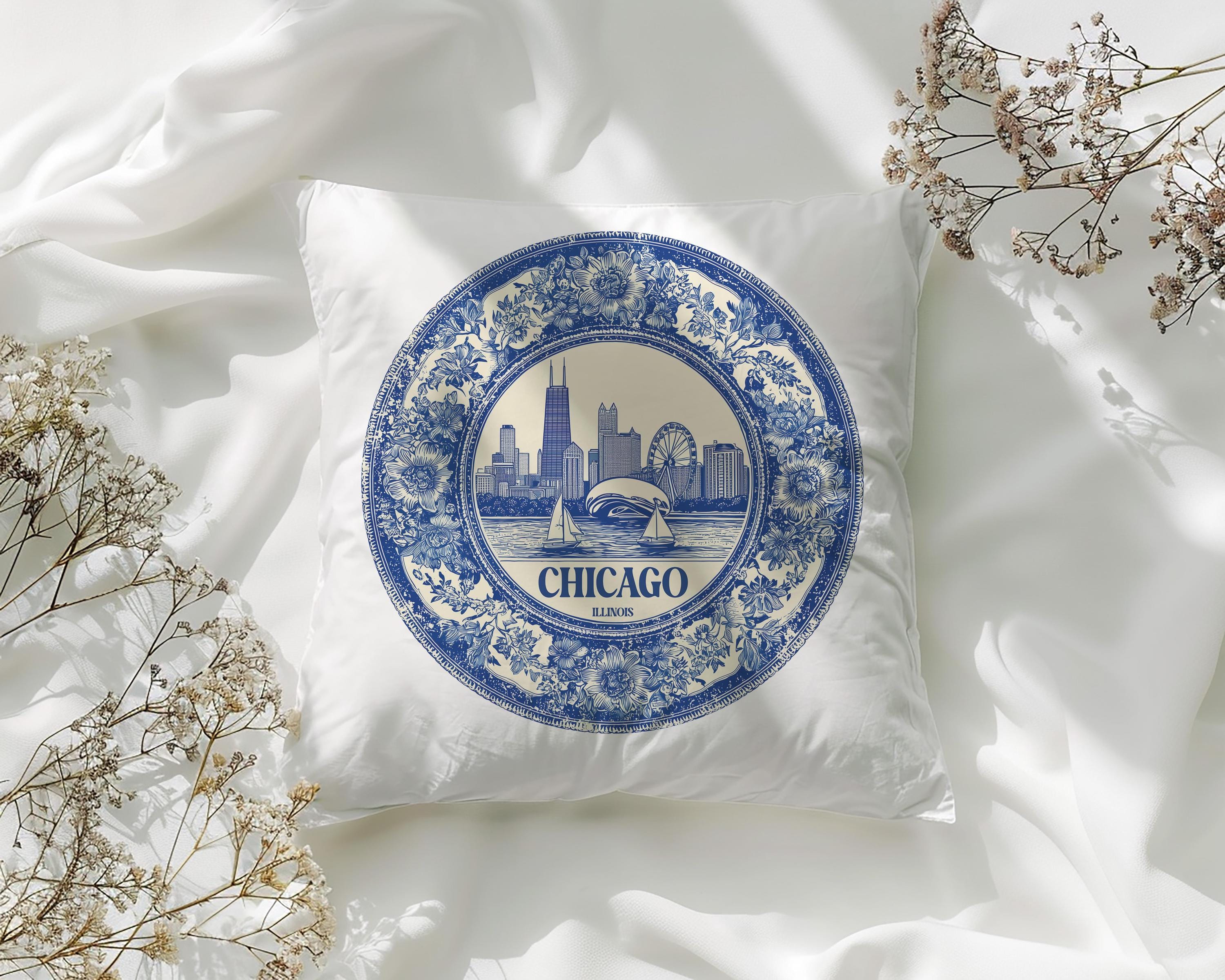 Chicago Illinois Pillowcase, Delft Style Decorative Throw Pillow, Vintage Cityscape Retro Home Decor