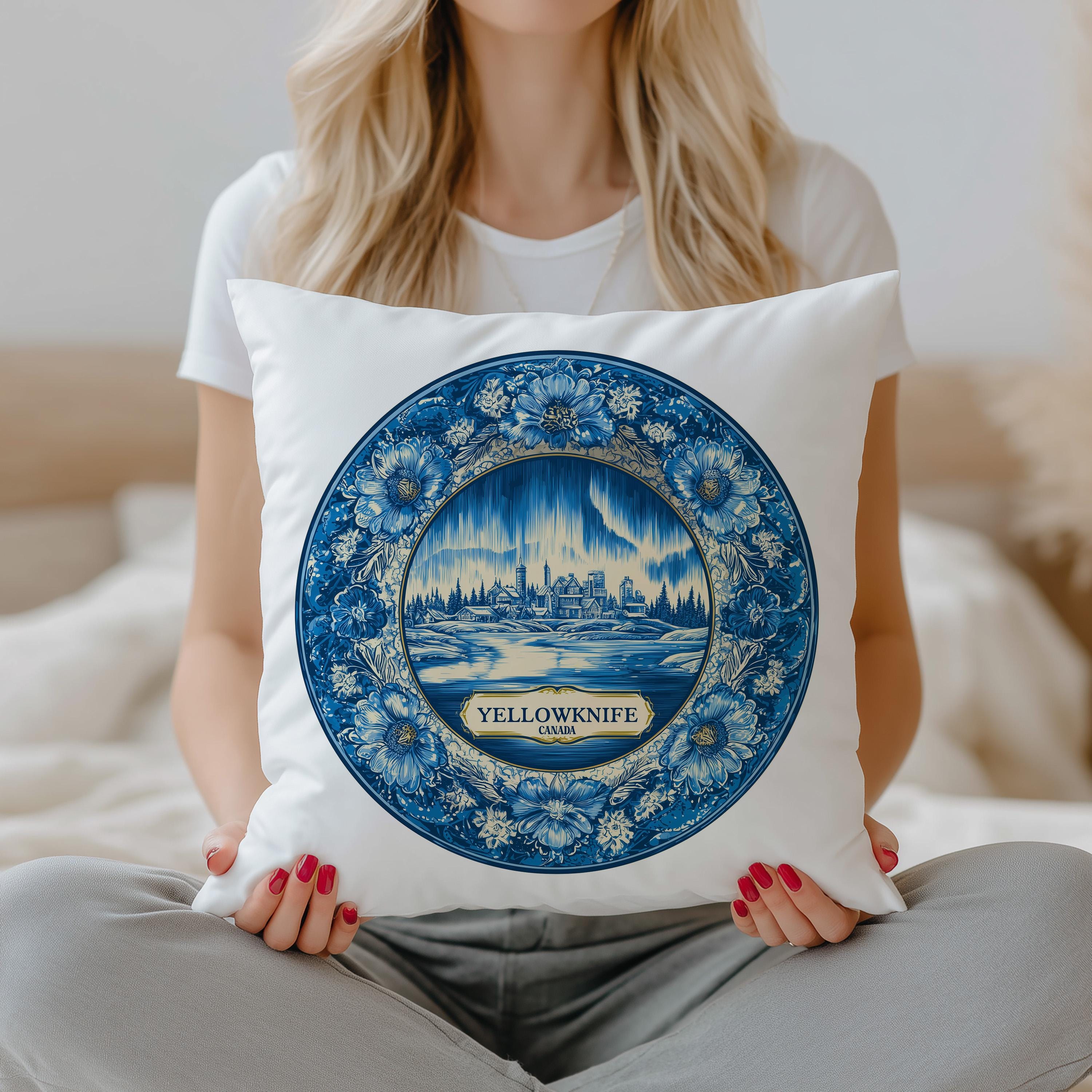 Yellowknife Canada Pillowcase, Delft Style Decorative Throw Pillow, Vintage Cityscape Retro Home Decor