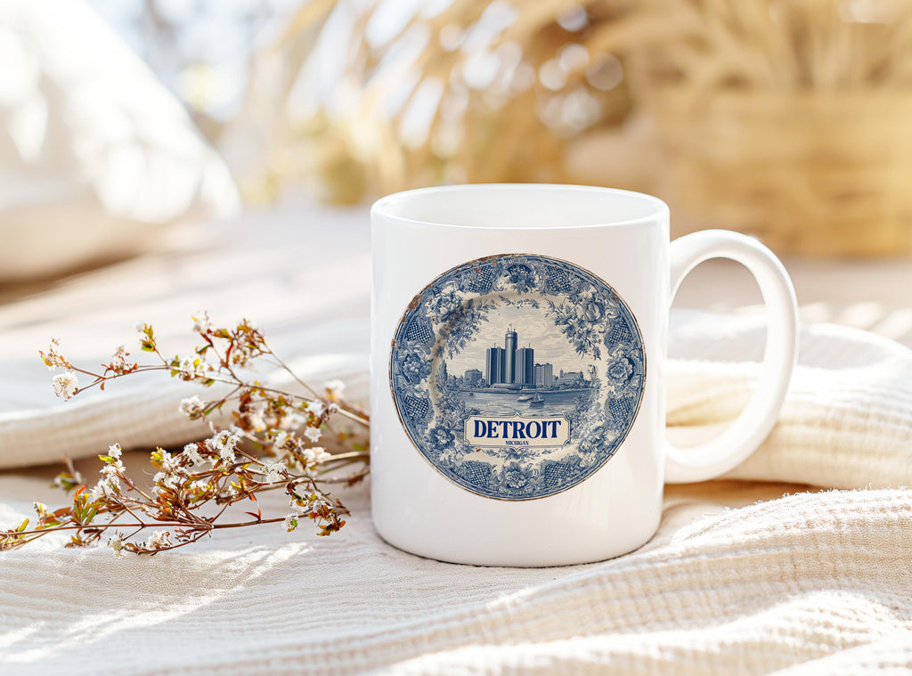 Detroit Michigan Mug, Custom Delft Style cup, Personalized Vintage Travel City Gift