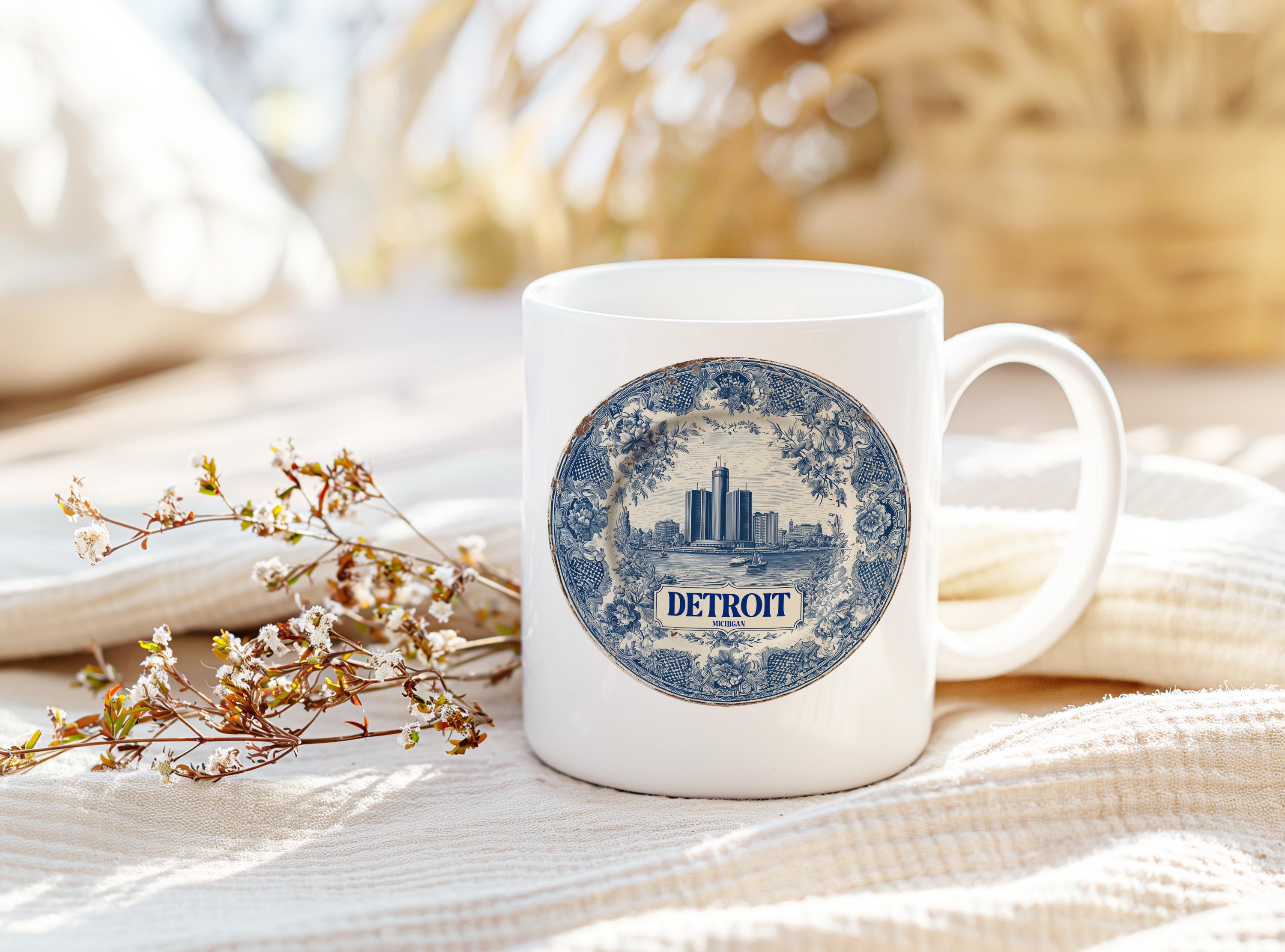 Detroit Michigan Mug, Custom Delft Style cup, Personalized Vintage Travel City Gift