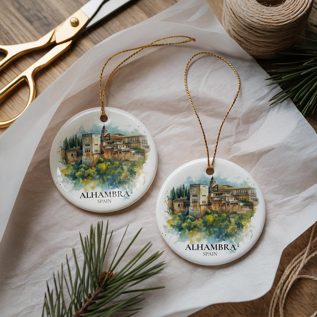 Alhambra Spain Personalized Watercolor Ornament, Custom Ceramic Christmas gift, Travel Keepsake