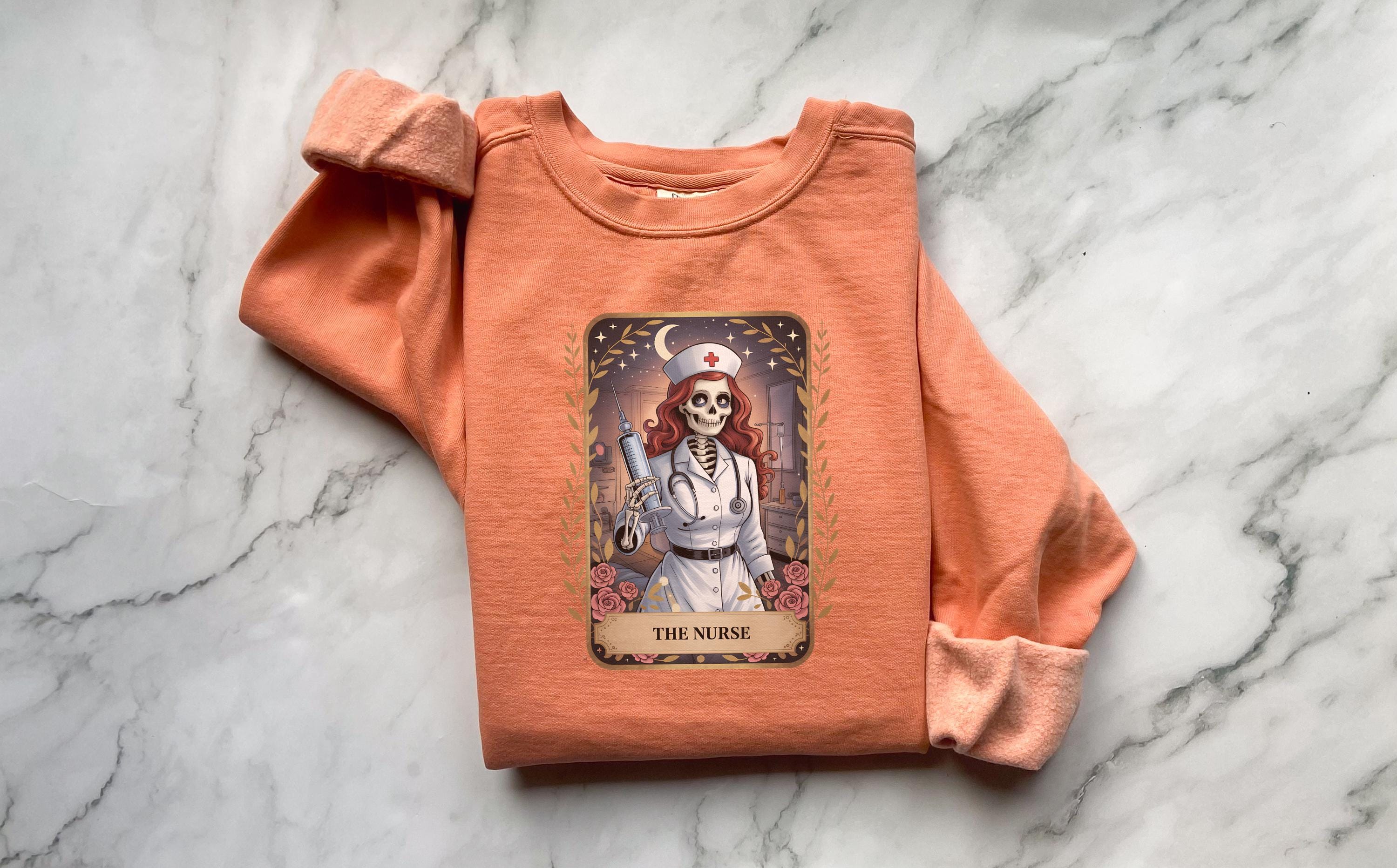 Skeleton Nurse Halloween Sweatshirt, Spooky Gothic Tarot Card Pullover, Creepy RN Medical Apparel, Retro Witchy Fall Top, Gift for Nurse