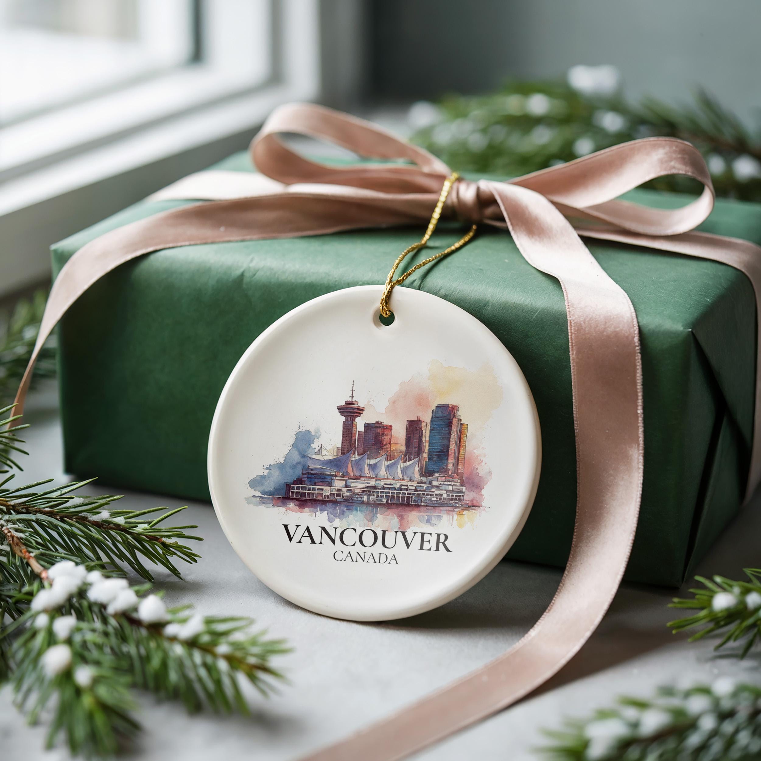 Vancouver Canada Personalized Watercolor Ornament, Custom Ceramic Christmas gift, Travel Keepsake