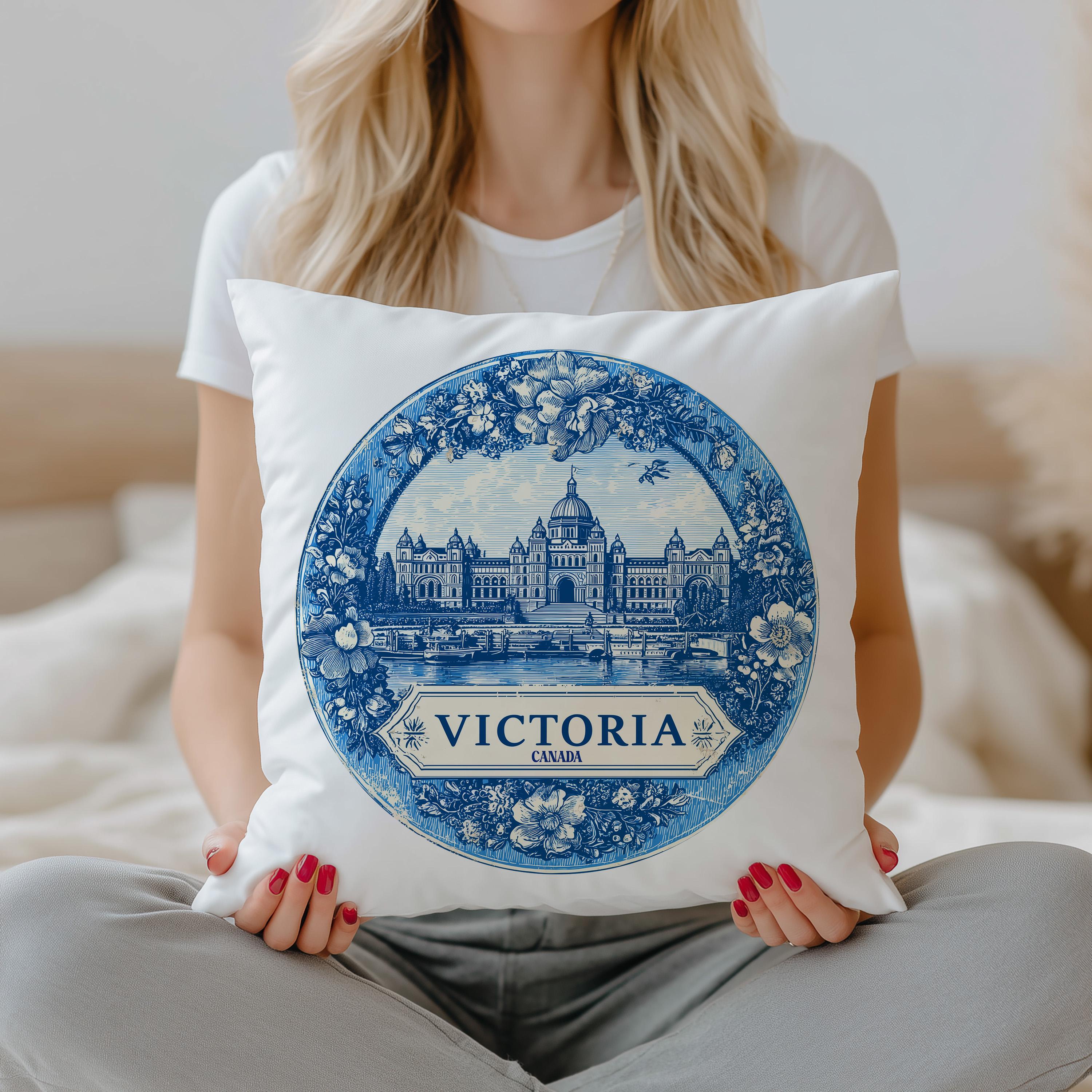 Victoria Canada Pillowcase, Delft Style Decorative Throw Pillow, Vintage Cityscape Retro Home Decor