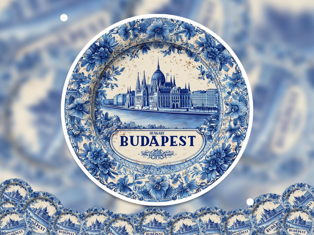 Budapest Hungary Sticker Vintage Delft style, Delftware Decal Waterproof Vinyl, Blue City Travel