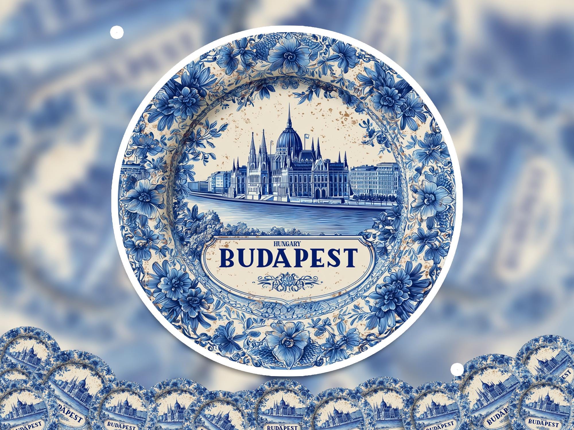 Budapest Hungary Sticker Vintage Delft style, Delftware Decal Waterproof Vinyl, Blue City Travel