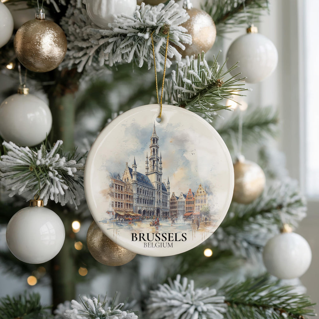 Brussels Belgium Personalized Watercolor Ornament, Custom Ceramic Christmas gift, Travel Keepsake