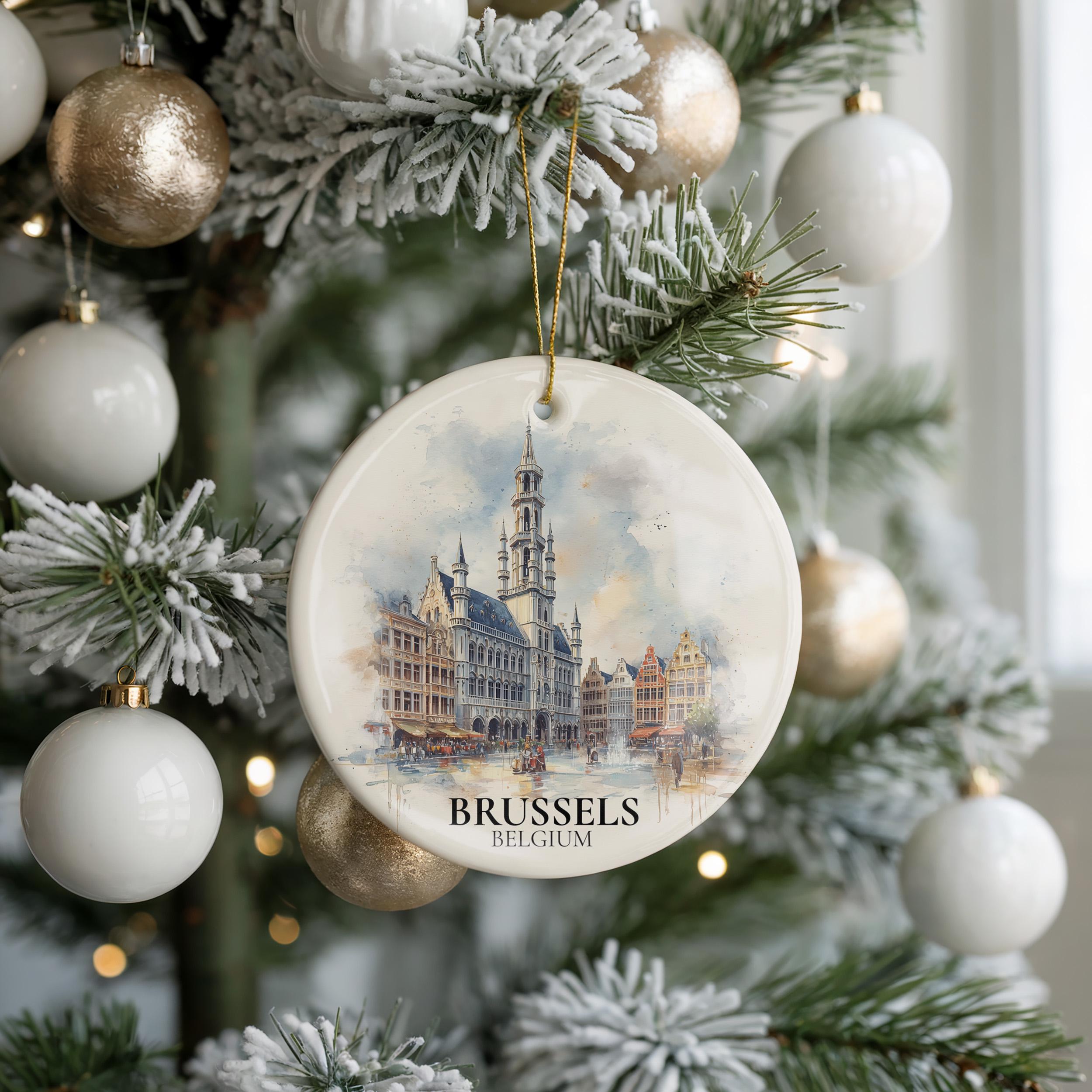 Brussels Belgium Personalized Watercolor Ornament, Custom Ceramic Christmas gift, Travel Keepsake