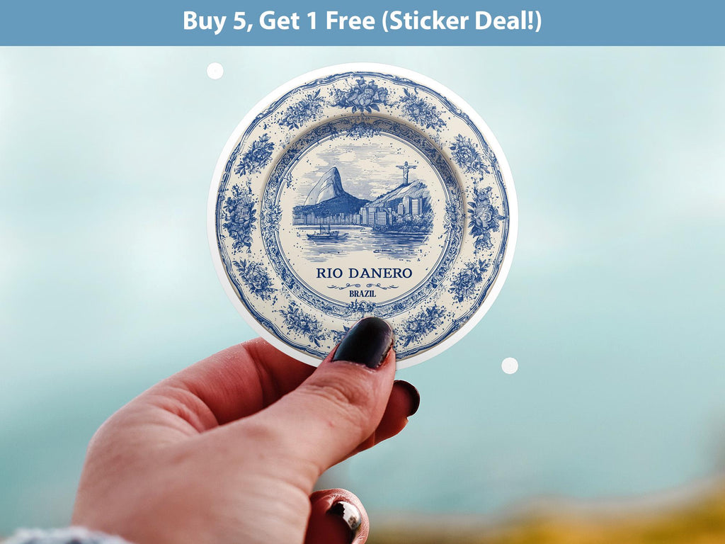 Rio Brazil Sticker Vintage Delft style, Delftware Decal Waterproof Vinyl, Blue City Travel