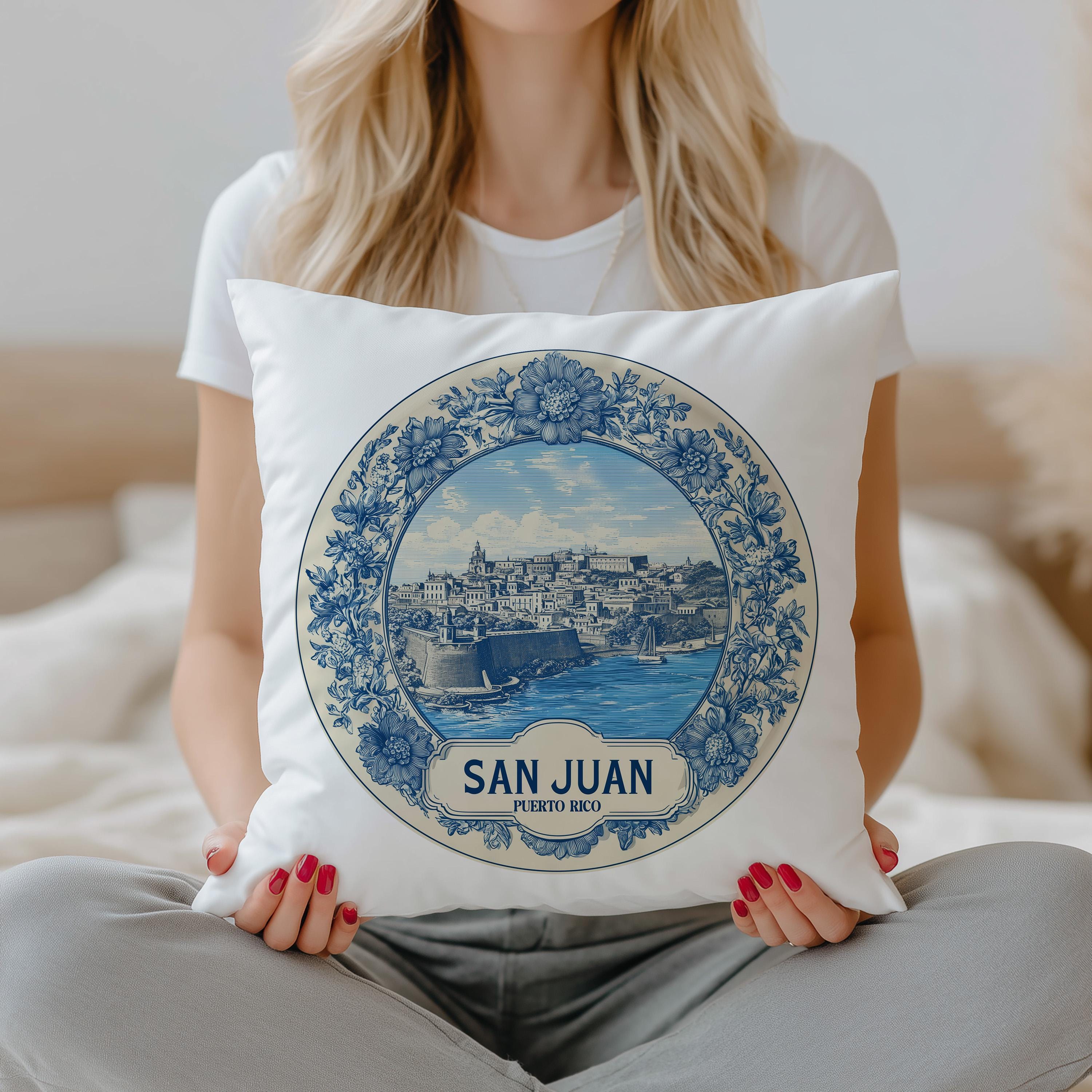 San Juan Puerto Rico Pillowcase, Delft Style Decorative Throw Pillow, Vintage Cityscape Retro Home Decor