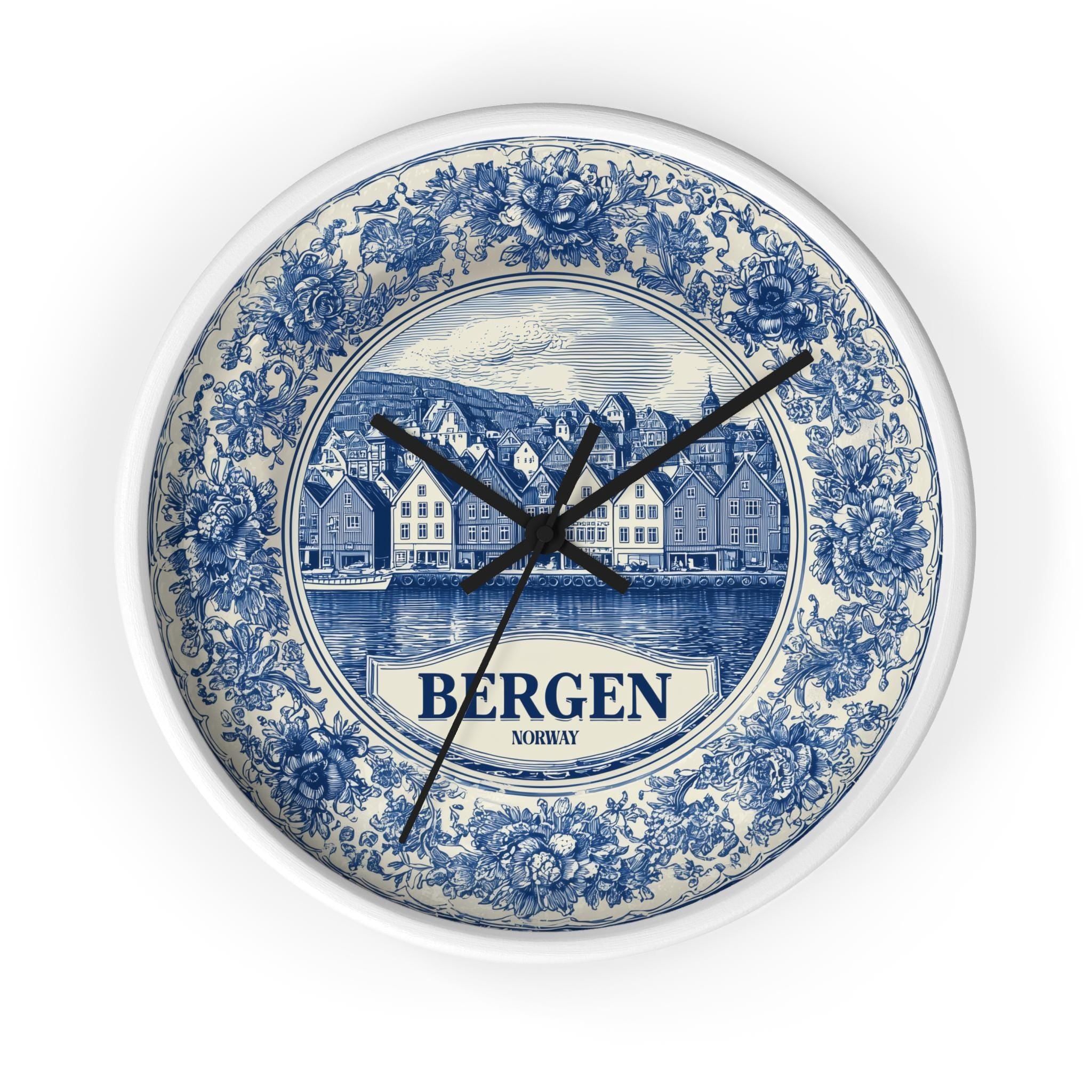 Bergen Norway Wall Clock, Delf style Home Decor, Vintage City Travel Keepsake Art