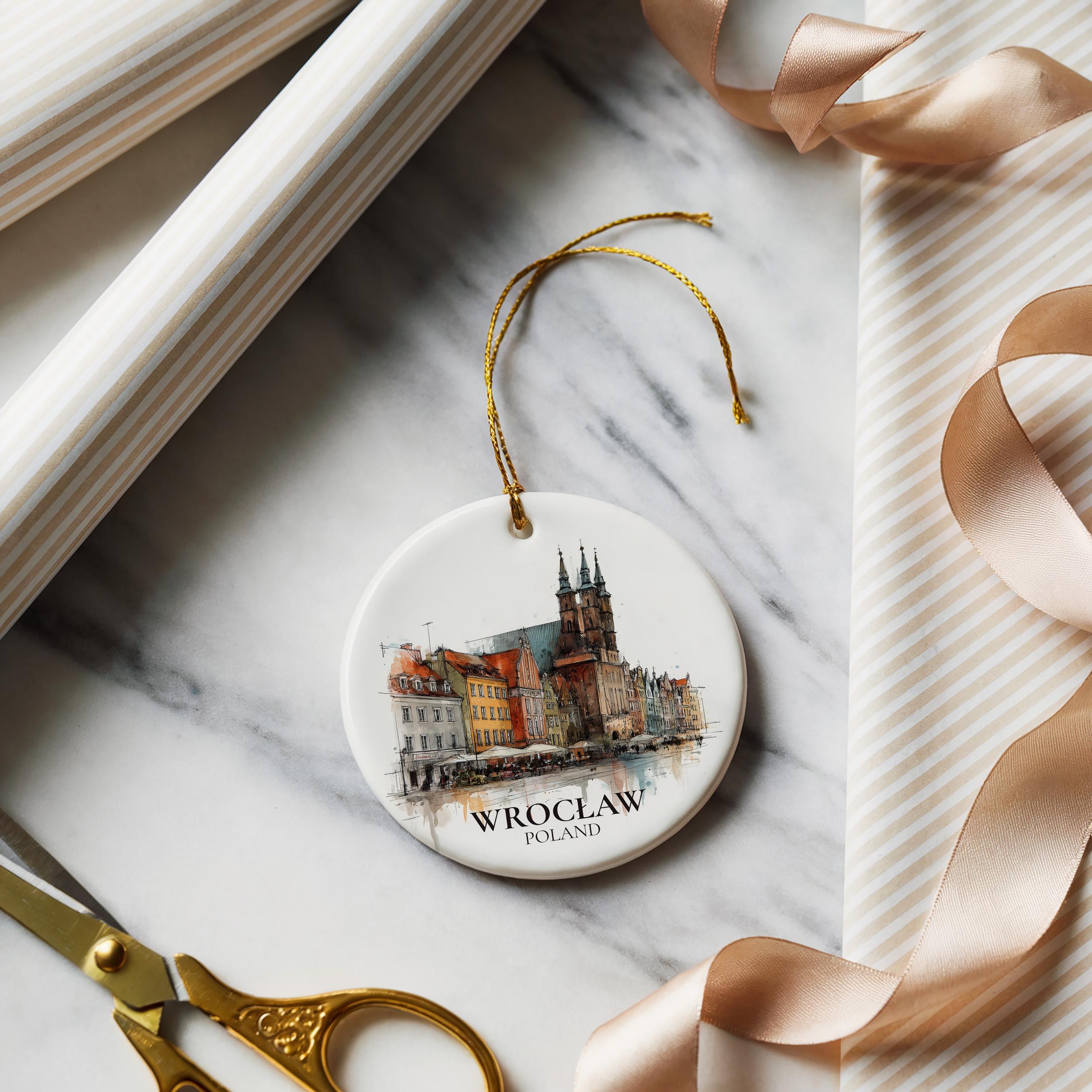 Wroclaw Poland Personalized Watercolor Ornament, Custom Ceramic Christmas gift, Travel Keepsake