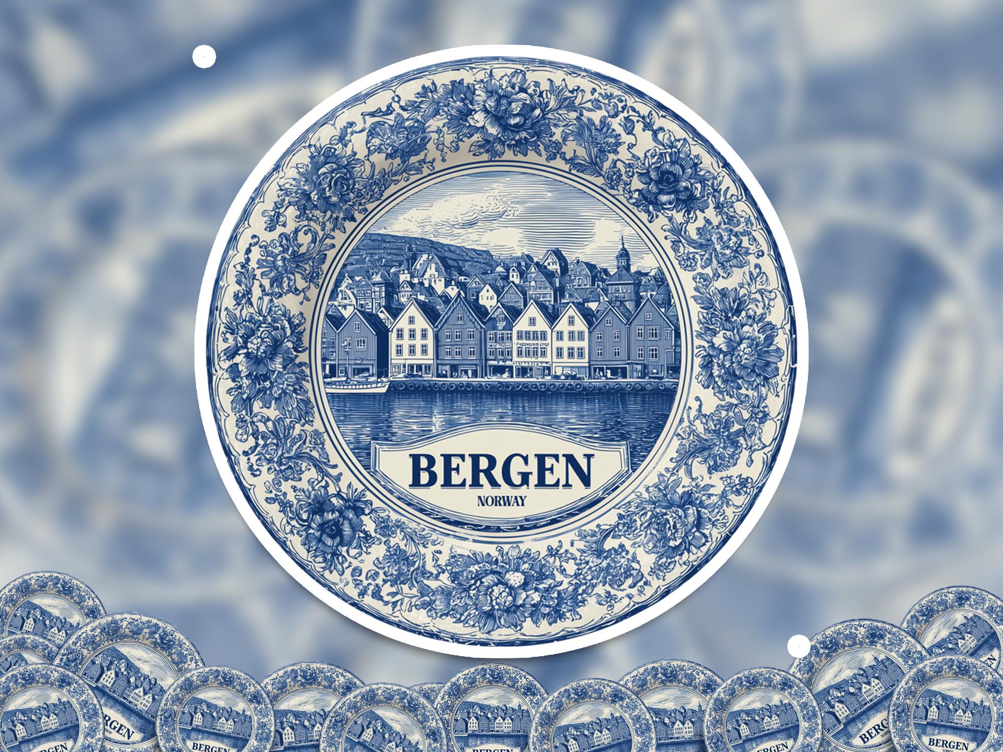 Bergen Norway Sticker Vintage Delft style, Delftware Decal Waterproof Vinyl, Blue City Travel
