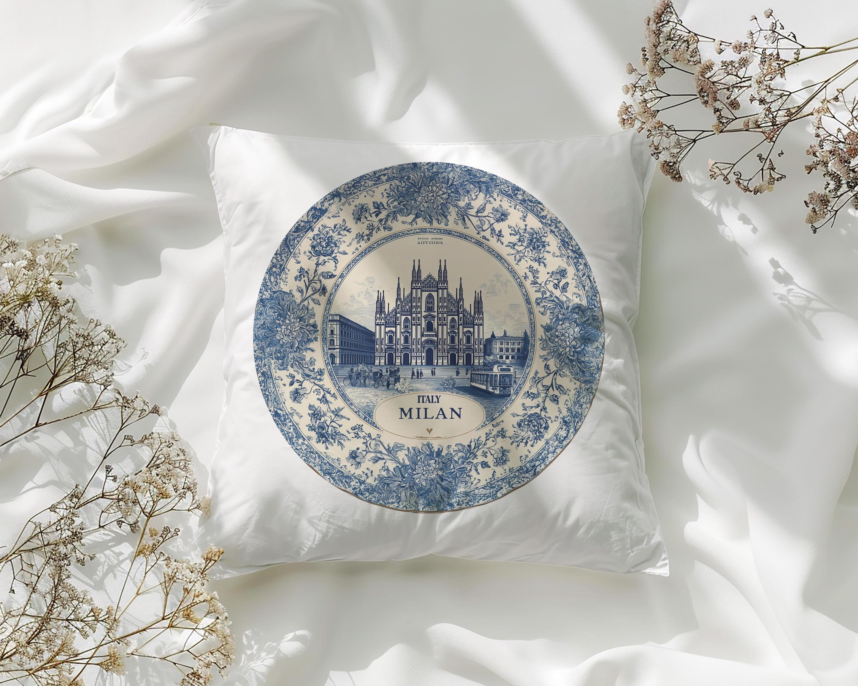 Milan Italy Pillowcase, Delft Style Decorative Throw Pillow, Vintage Cityscape Retro Home Decor