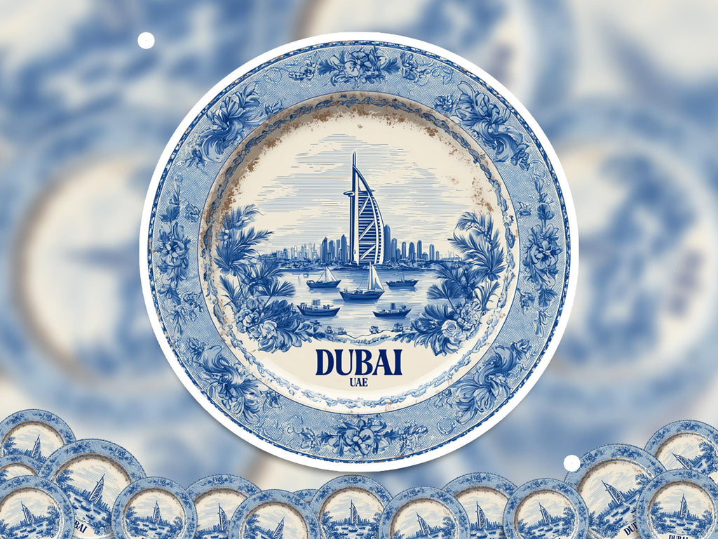 Dubai UAE Sticker Vintage Delft style, Delftware Decal Waterproof Vinyl, Blue City Travel