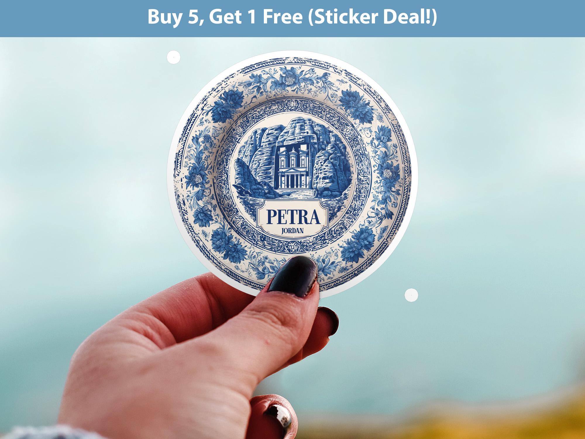 Petra Jordan Sticker Vintage Delft style, Delftware Decal Waterproof Vinyl, Blue City Travel