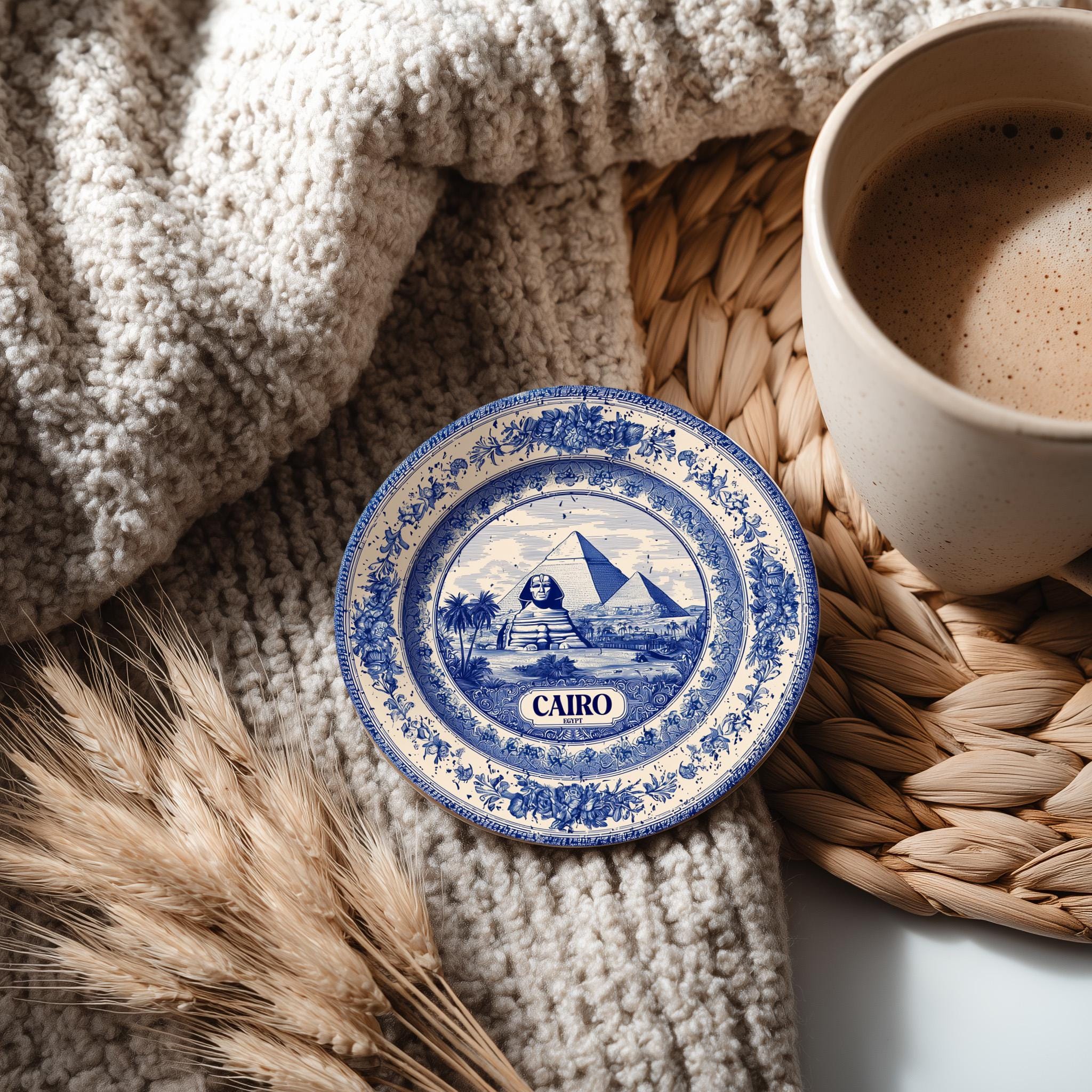 Cairo Egypt Delftware Ceramic Coaster, Blue White Travel Gift, Vintage Home Decor Collectible