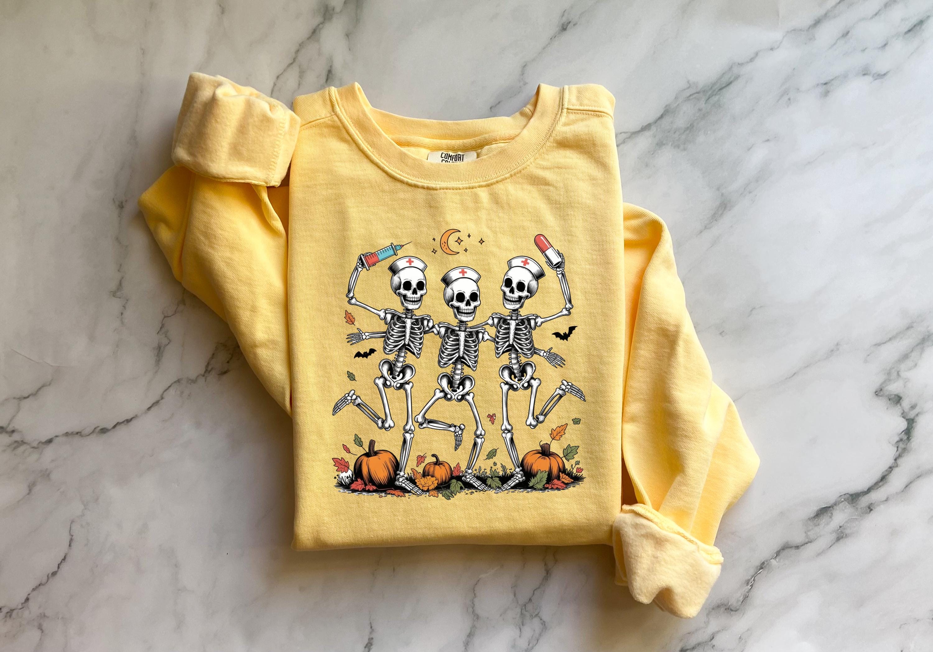 Dancing Skeleton Nurse Halloween Sweatshirt, Comfort Colors Fall Pullover, Spooky RN Crewneck, Funny Nurse Gift for Halloween