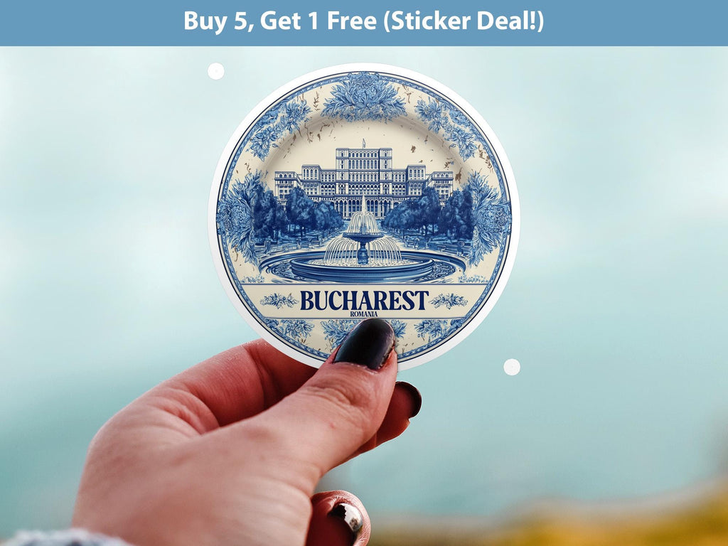 Bucharest Romania Sticker Vintage Delft style, Delftware Decal Waterproof Vinyl, Blue City Travel