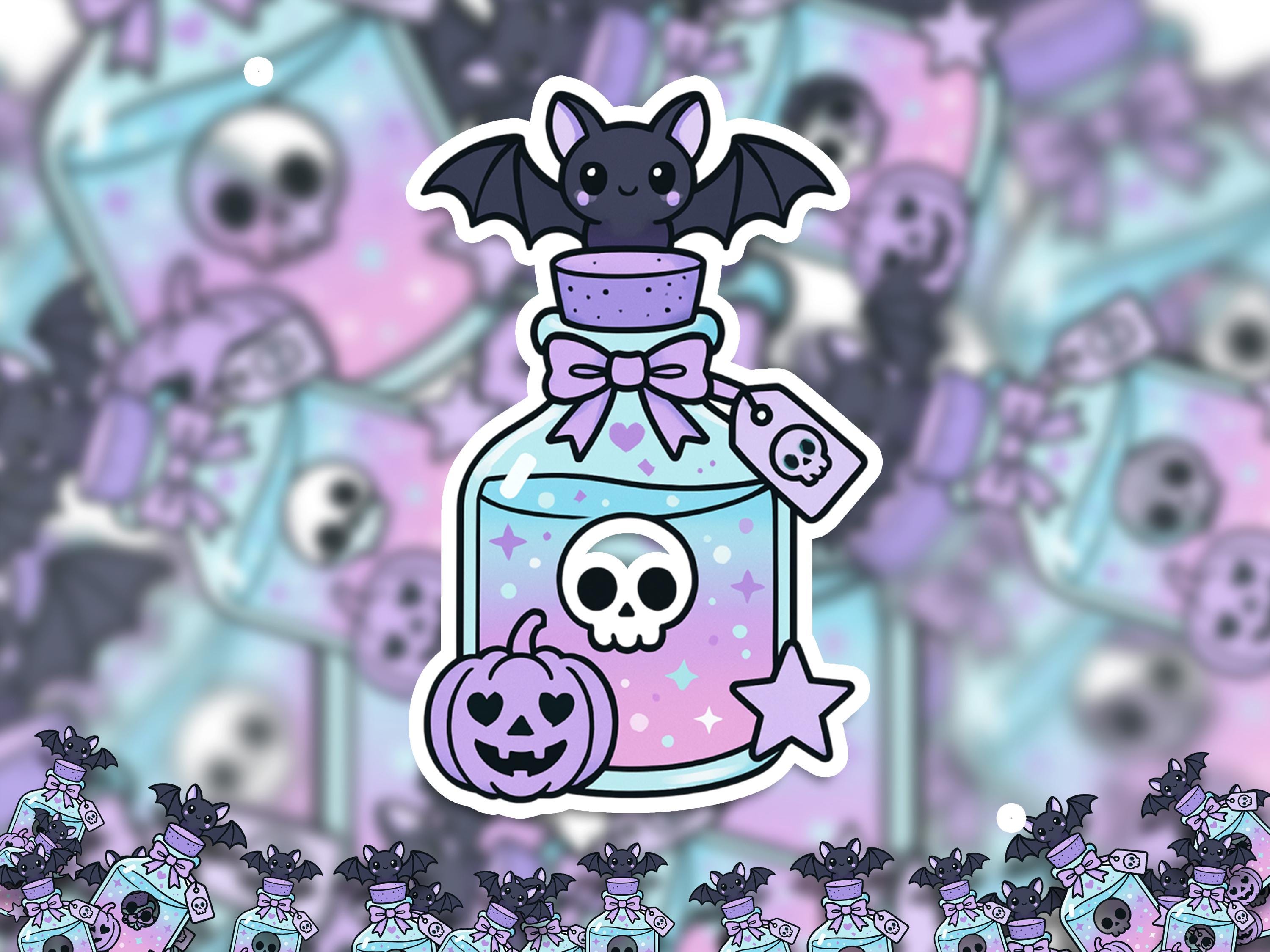 kawaii Bat Potion Sticker, Cute Spooky Bottle Decal, Pink Halloween Goth Vinyl Sticker