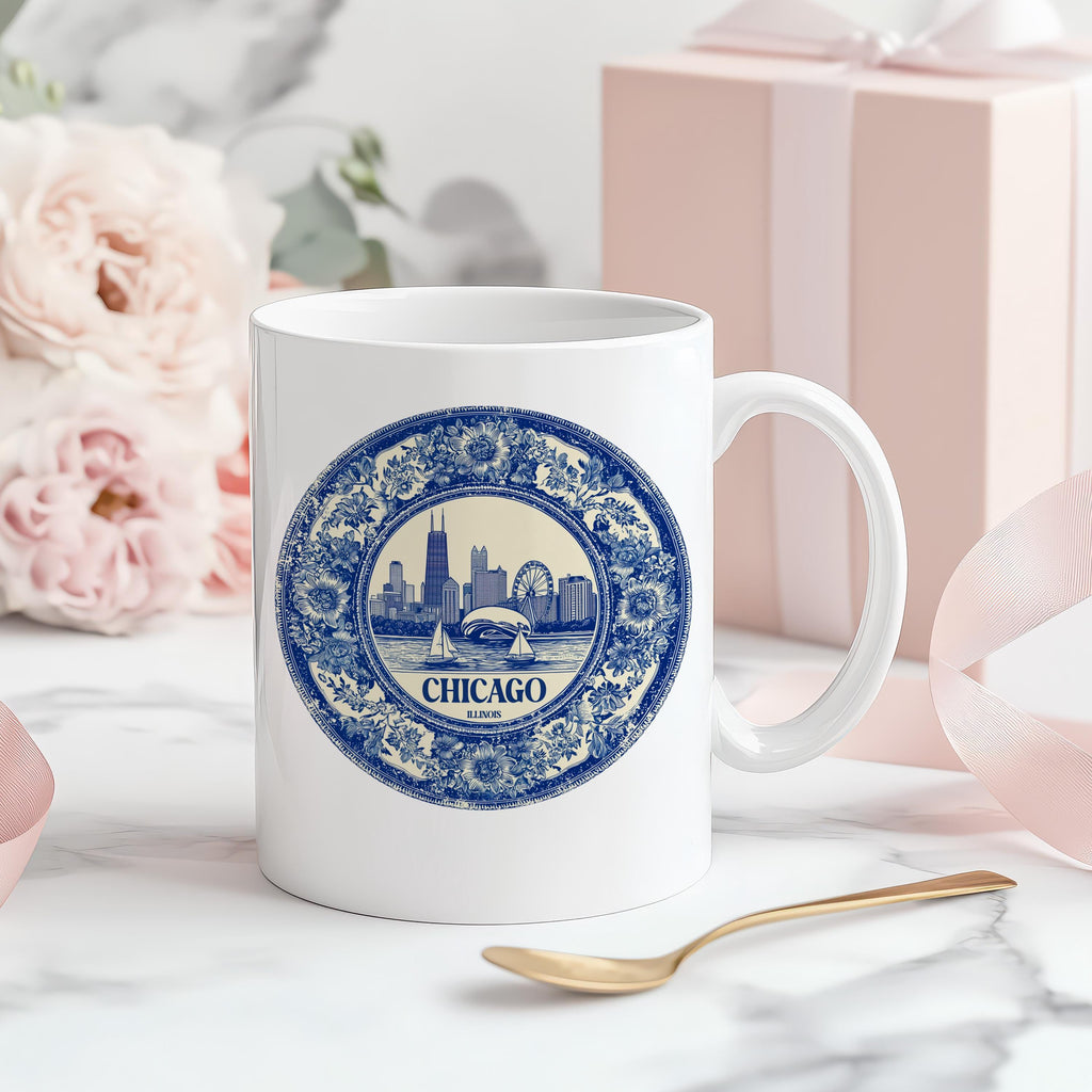 Chicago Illinois US Mug, Custom Delft Style cup, Personalized Vintage Travel City Gift