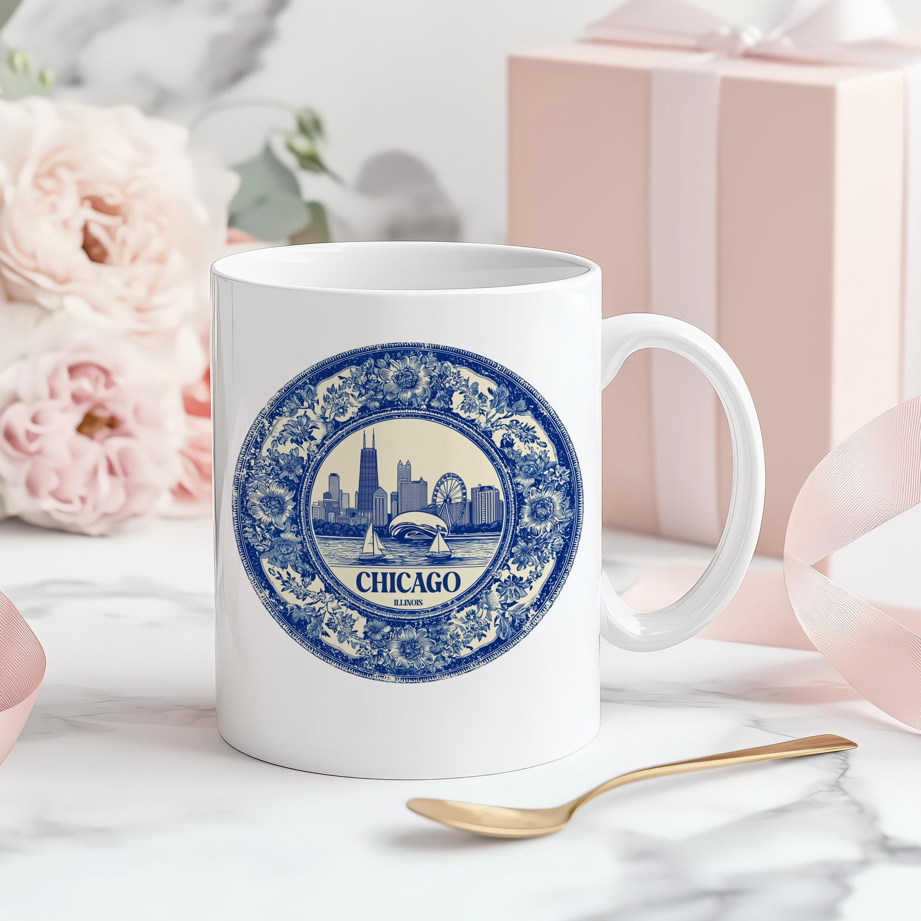 Chicago Illinois US Mug, Custom Delft Style cup, Personalized Vintage Travel City Gift