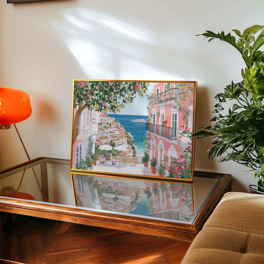 Amalfi Coast Spring Wall Art, Cherry Blossom Floral Italy Travel Gift Decor Large Print