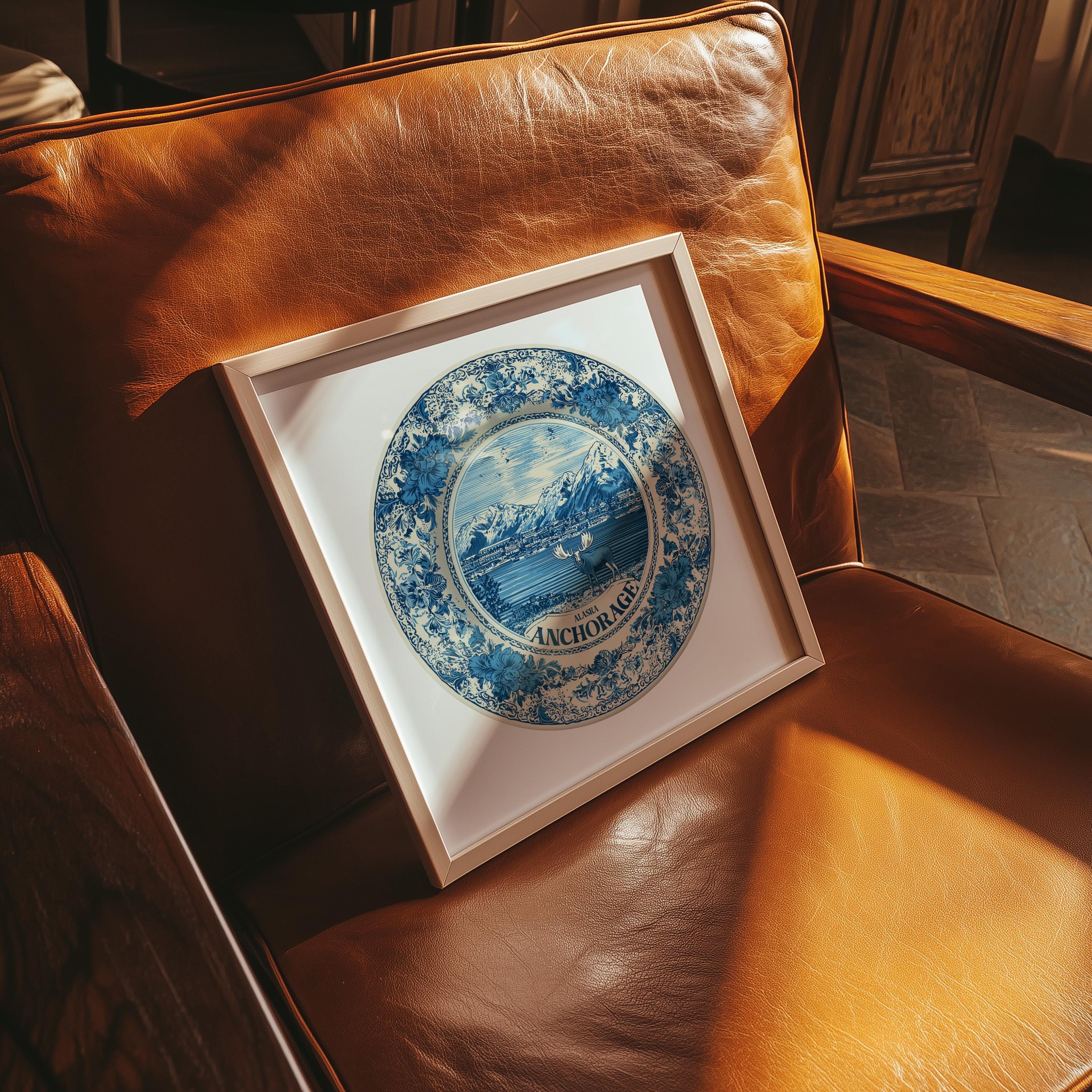 Anchorage Alaska Wall Art, Vintage Delft Blue Poster, City Print, Travel Home Decor